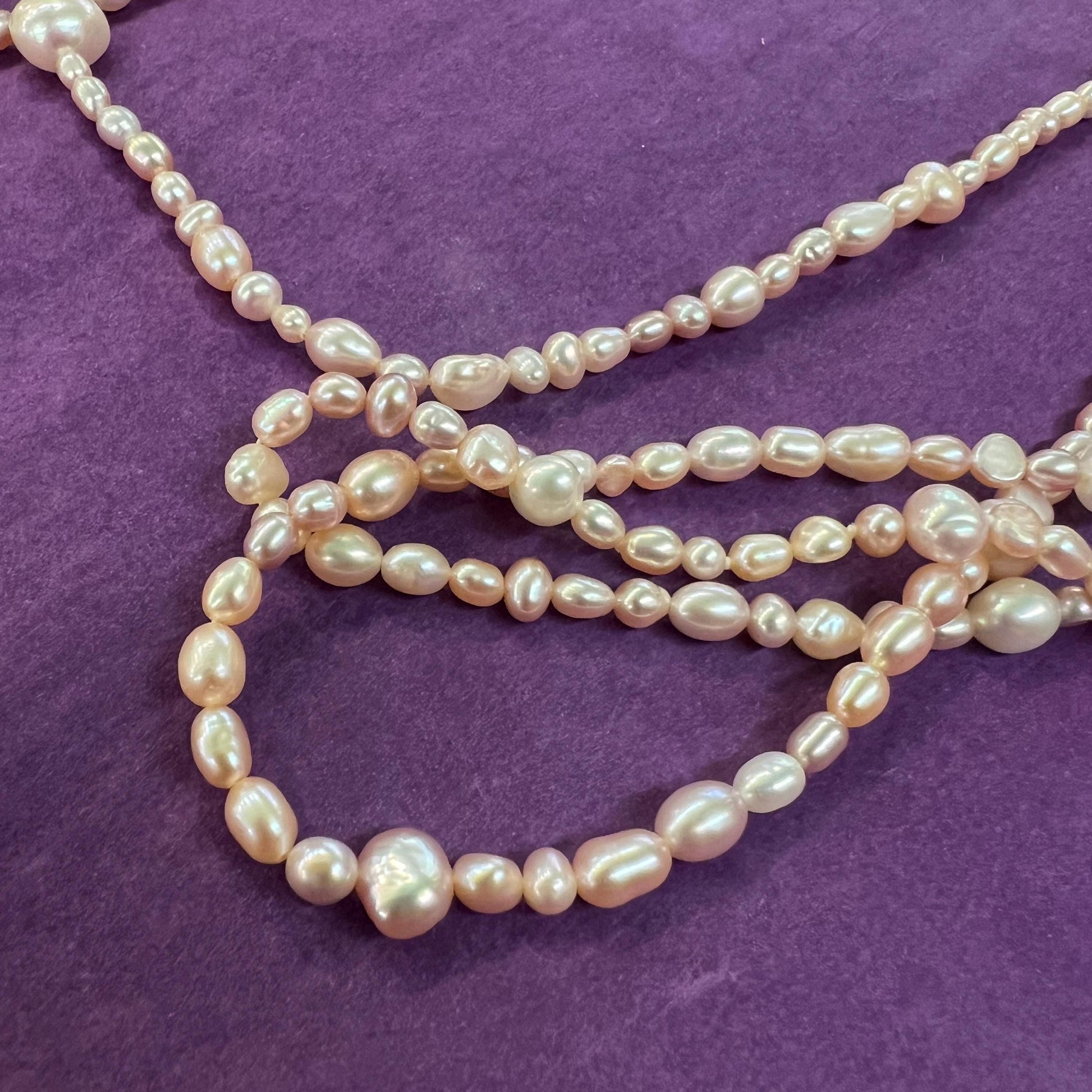 Vintage Fresh Water Pearl Flapper Length Pale Pink/ Oyster Beads , organic rice shaped and circular pearls