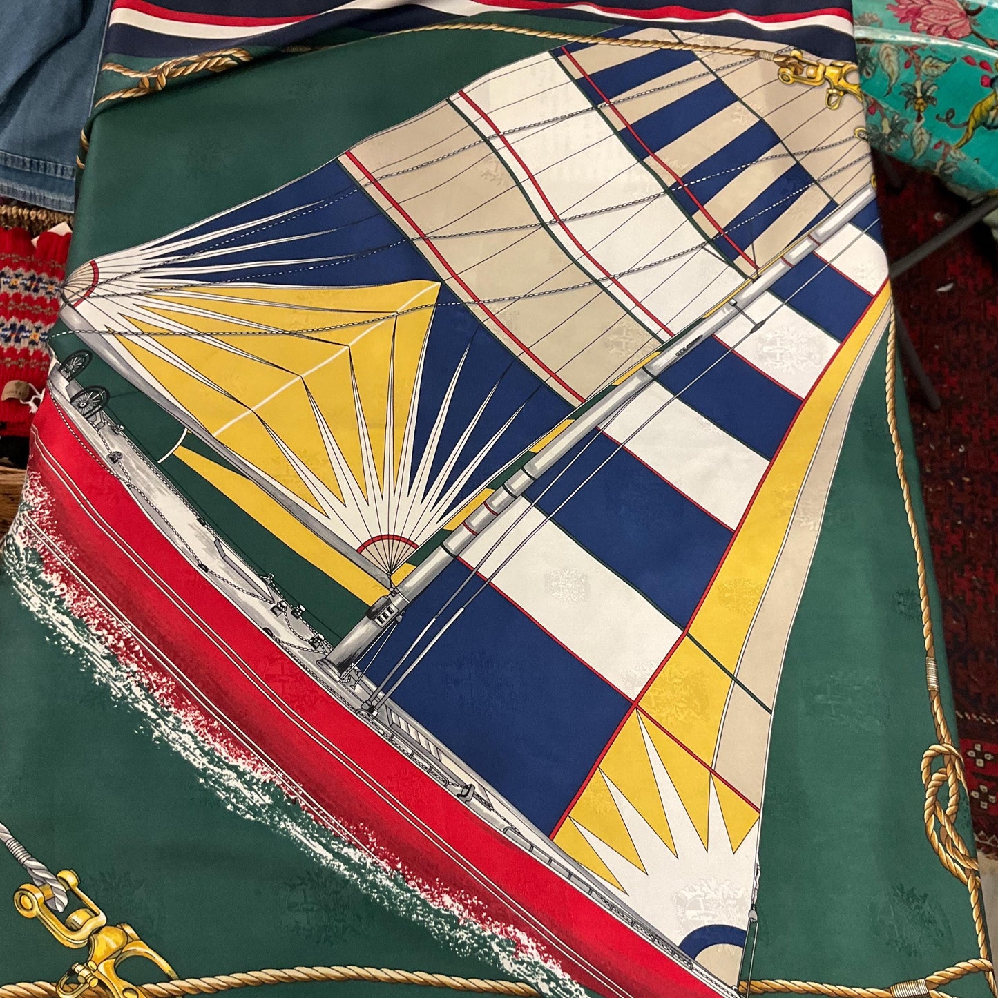 Vintage DAKS Signature Large Pure Silk Nautical Scarf in shades of Red, Green, Blue, Yellow, and Cream