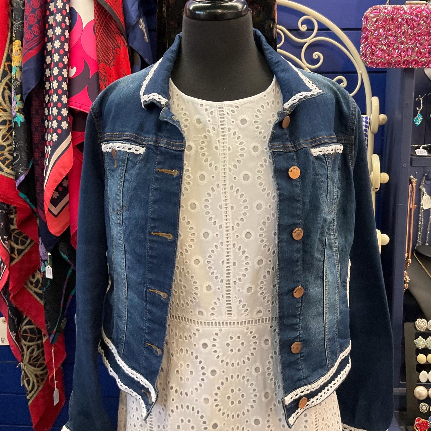 Unique Upcycled Vintage Principles Dark Denim Jacket with Handsewn Lace Embellishments, UK size 12/14