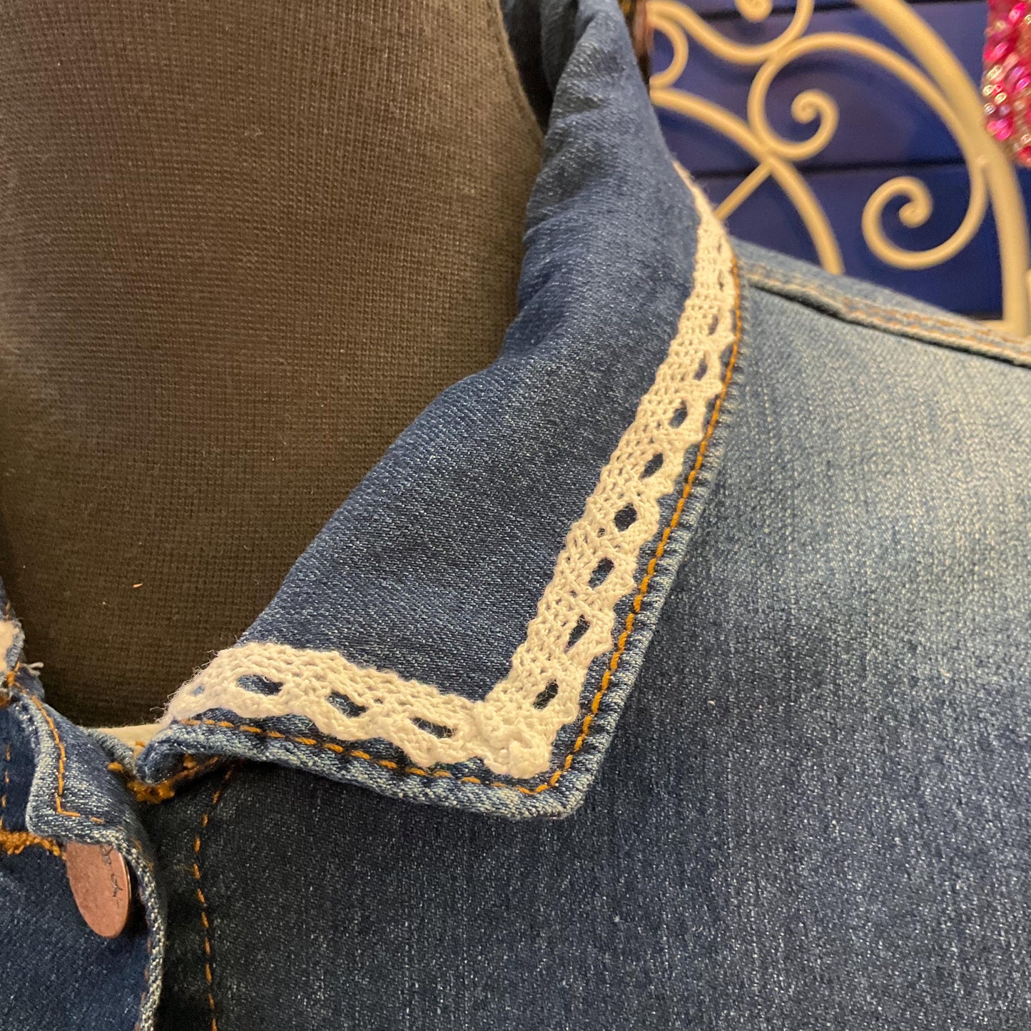 Unique Upcycled Vintage Principles Dark Denim Jacket with Handsewn Lace Embellishments, UK size 12/14