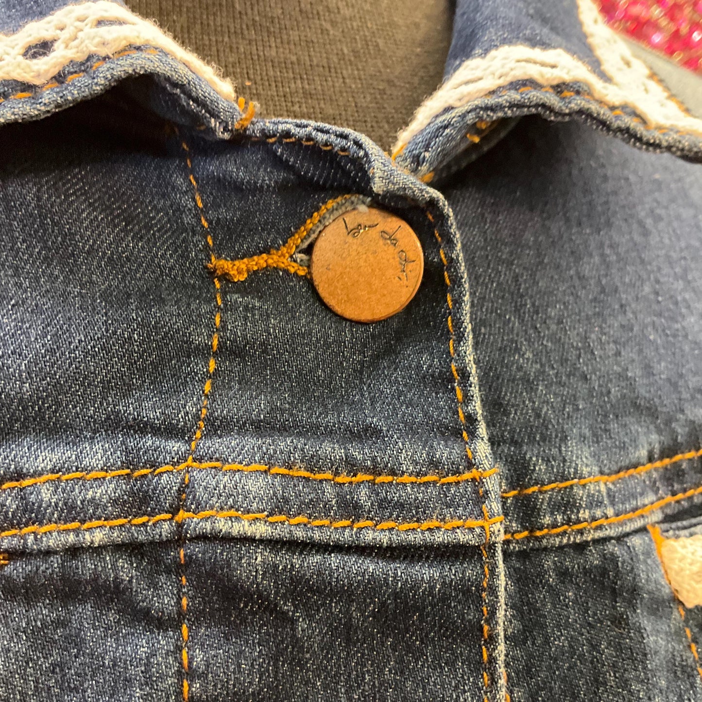 Unique Upcycled Vintage Principles Dark Denim Jacket with Handsewn Lace Embellishments, UK size 12/14