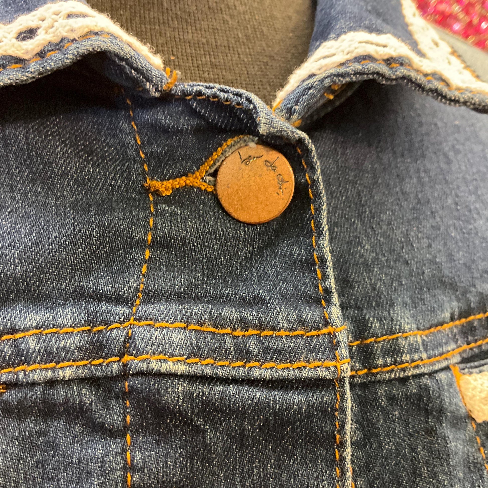 Unique Upcycled Vintage Principles Dark Denim Jacket with Handsewn Lace Embellishments, UK size 12/14