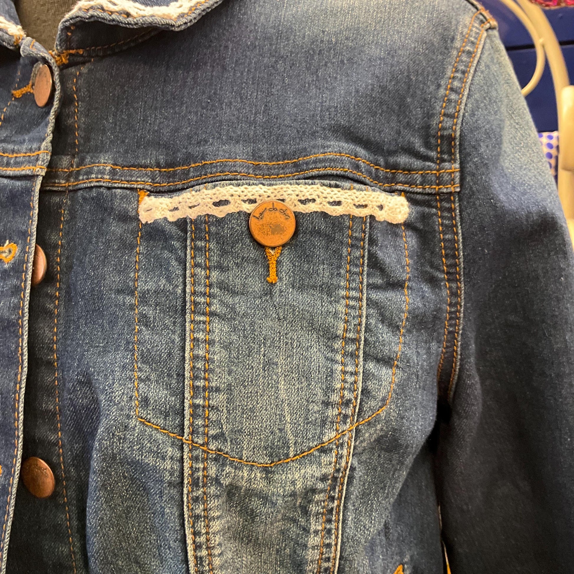 Unique Upcycled Vintage Principles Dark Denim Jacket with Handsewn Lace Embellishments, UK size 12/14