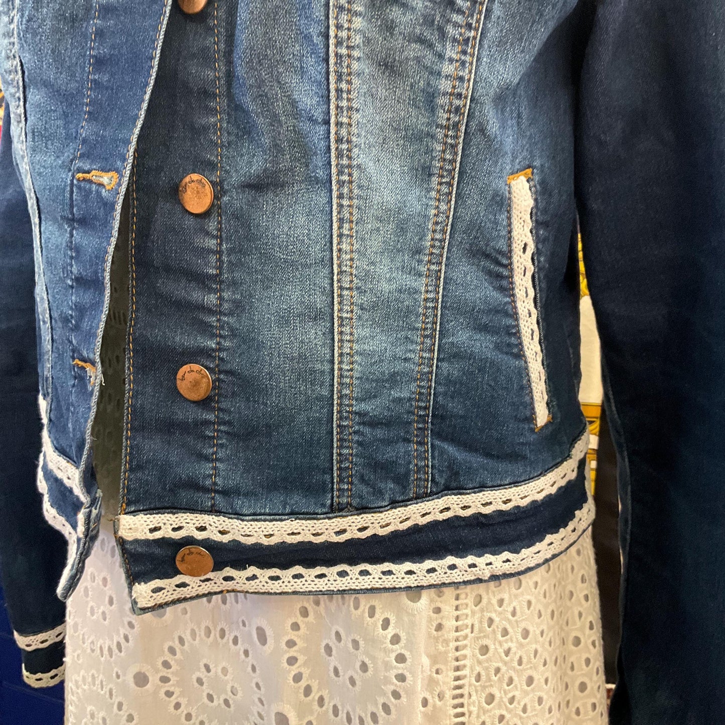 Unique Upcycled Vintage Principles Dark Denim Jacket with Handsewn Lace Embellishments, UK size 12/14