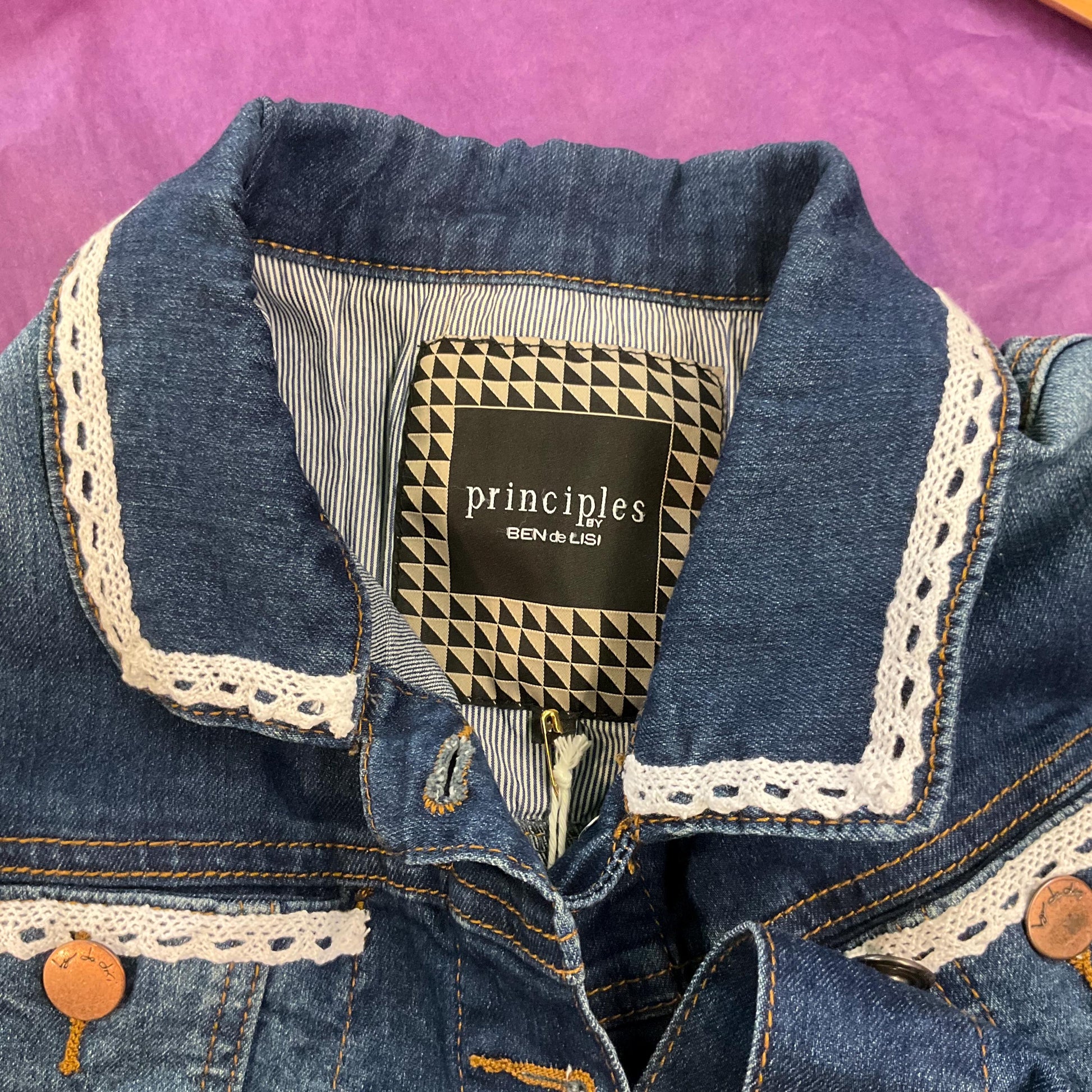 Unique Upcycled Vintage Principles Dark Denim Jacket with Handsewn Lace Embellishments, UK size 12/14