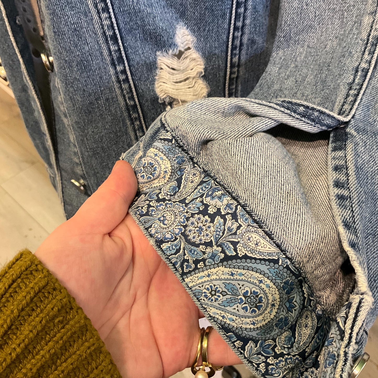 Unique Upcycled Vintage Distressed Denim JAcket with Liberty ‘Lee Manor’ Tana Lawn, UK size 16