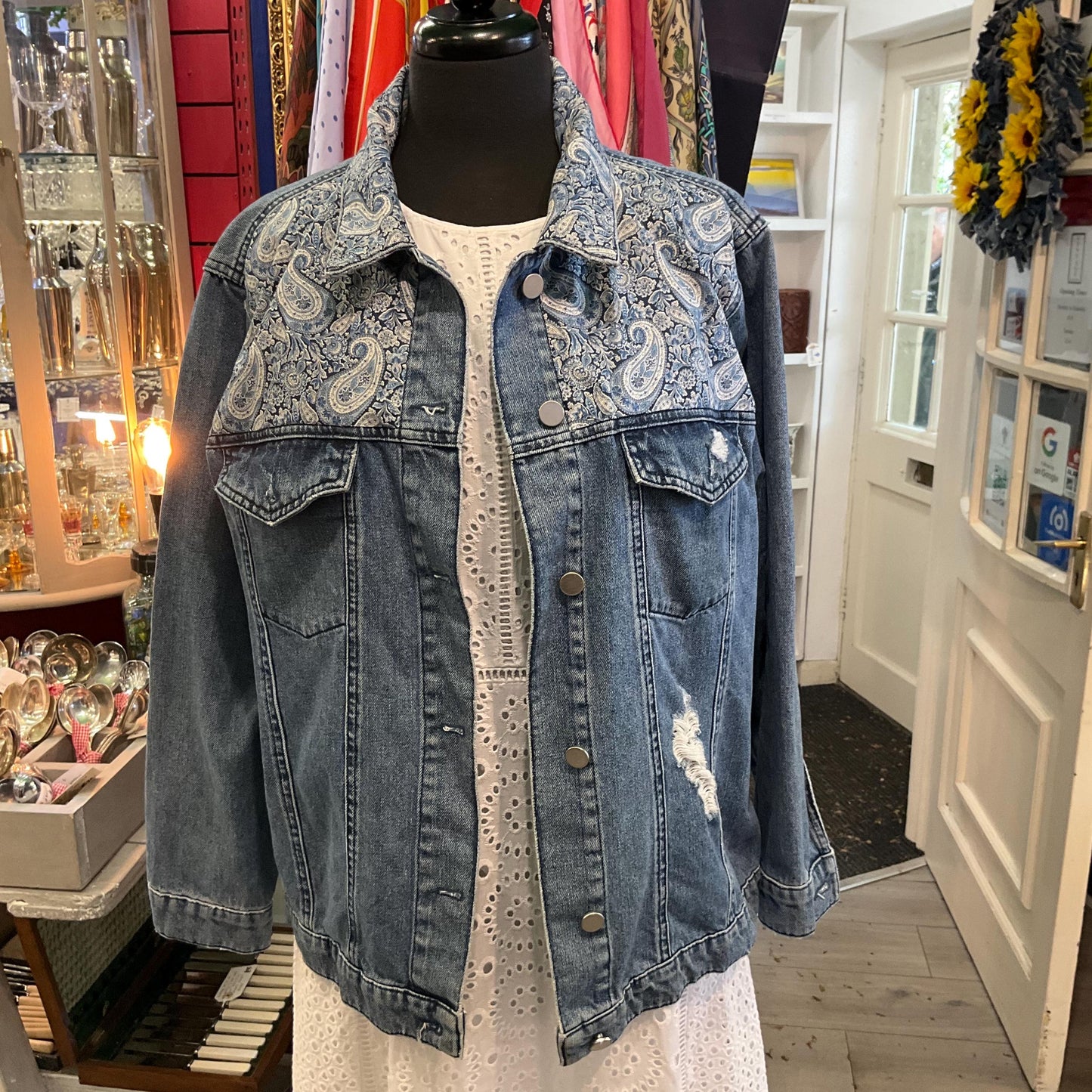 Unique Upcycled Vintage Distressed Denim JAcket with Liberty ‘Lee Manor’ Tana Lawn, UK size 16