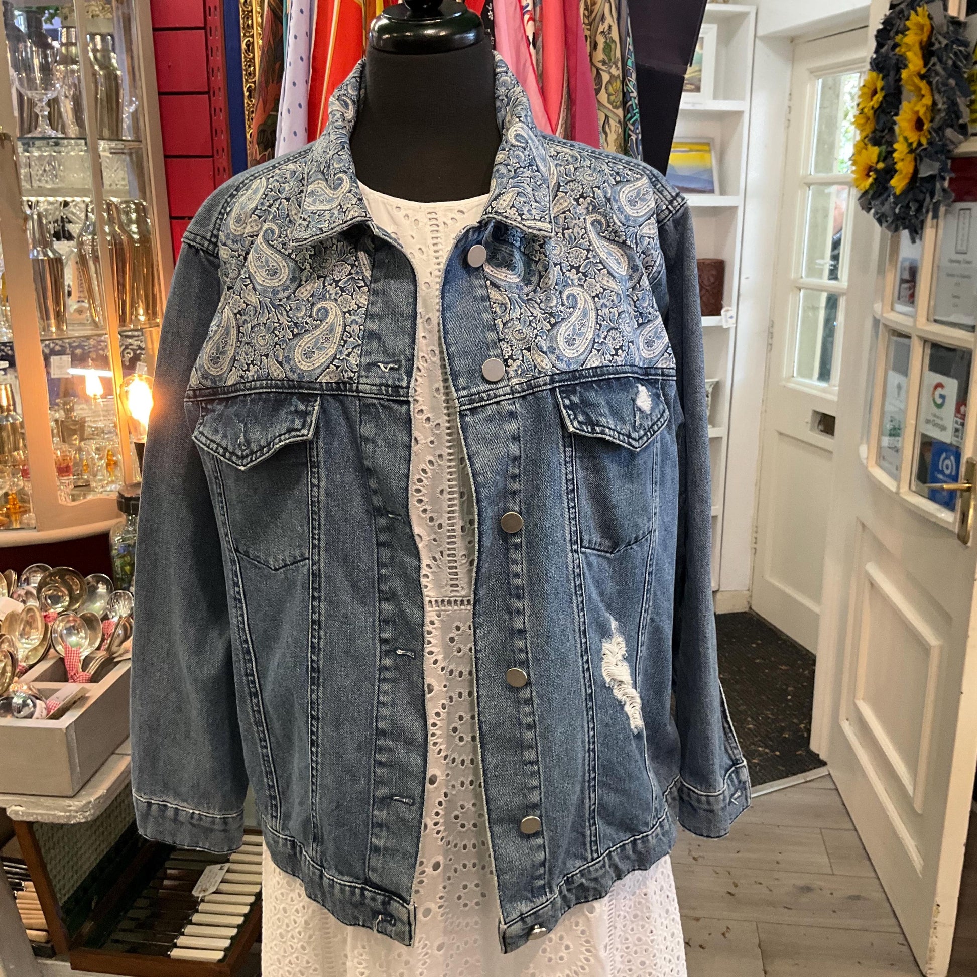 Unique Upcycled Vintage Distressed Denim JAcket with Liberty ‘Lee Manor’ Tana Lawn, UK size 16