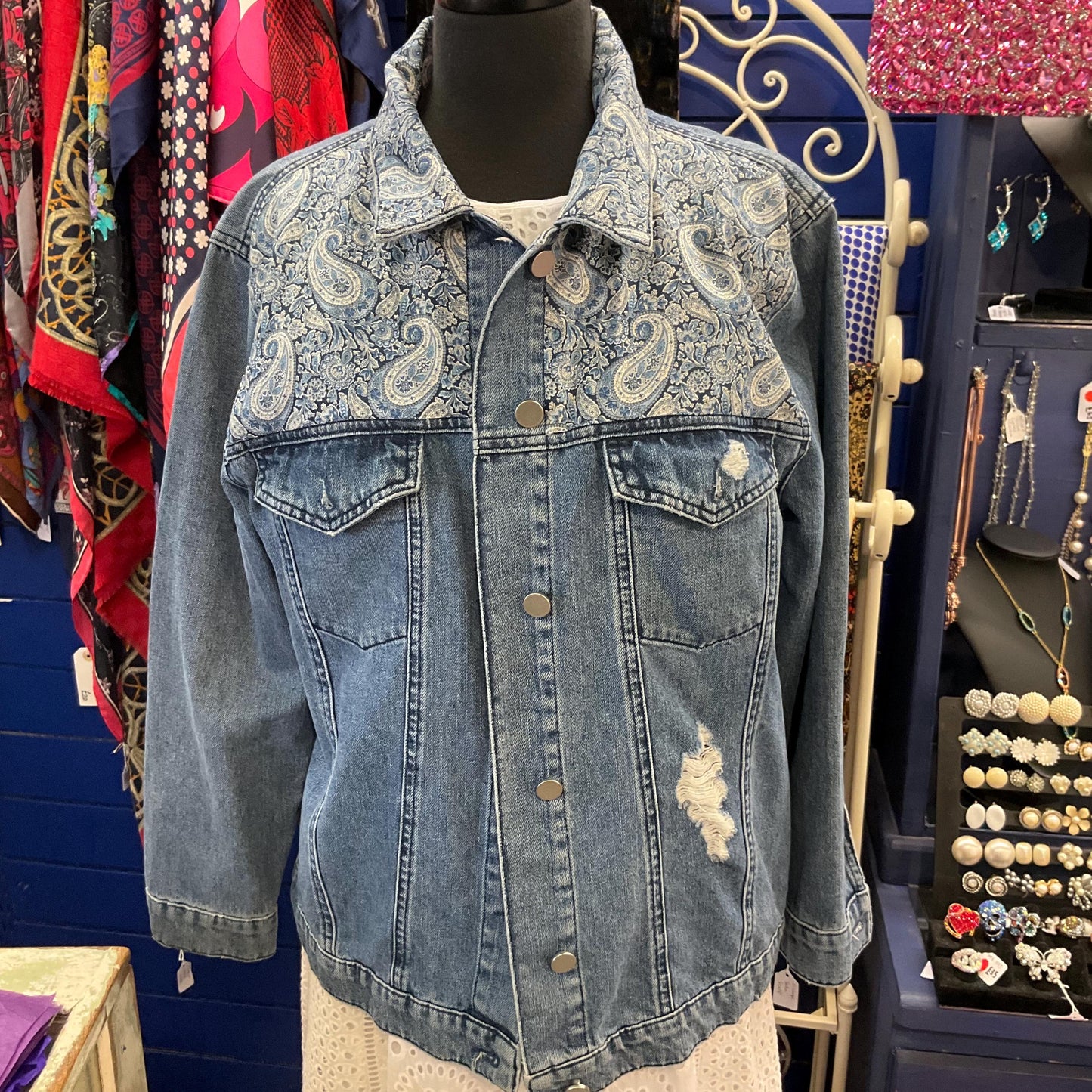 Unique Upcycled Vintage Distressed Denim JAcket with Liberty ‘Lee Manor’ Tana Lawn, UK size 16