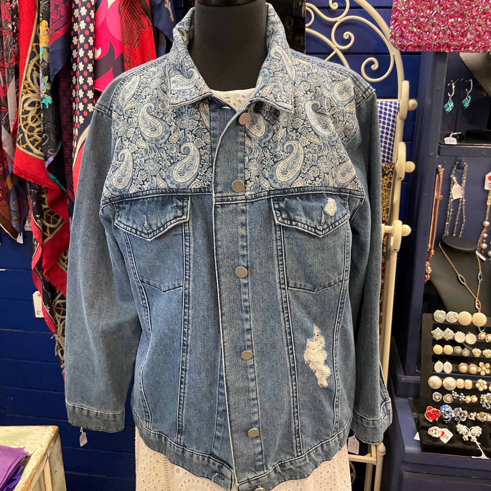 Unique Upcycled Vintage Distressed Denim JAcket with Liberty ‘Lee Manor’ Tana Lawn, UK size 16