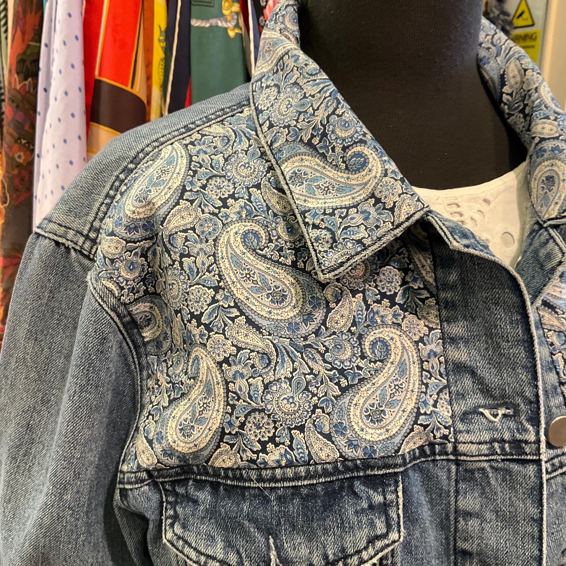 Unique Upcycled Vintage Distressed Denim JAcket with Liberty ‘Lee Manor’ Tana Lawn, UK size 16