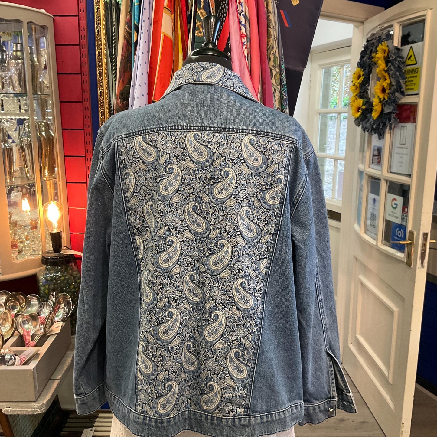 Unique Upcycled Vintage Distressed Denim JAcket with Liberty ‘Lee Manor’ Tana Lawn, UK size 16