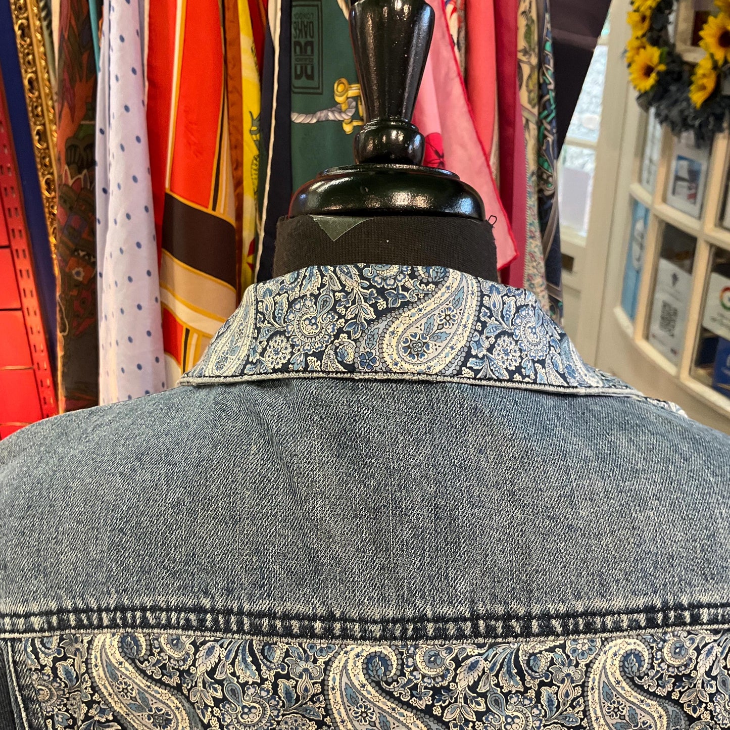 Unique Upcycled Vintage Distressed Denim JAcket with Liberty ‘Lee Manor’ Tana Lawn, UK size 16
