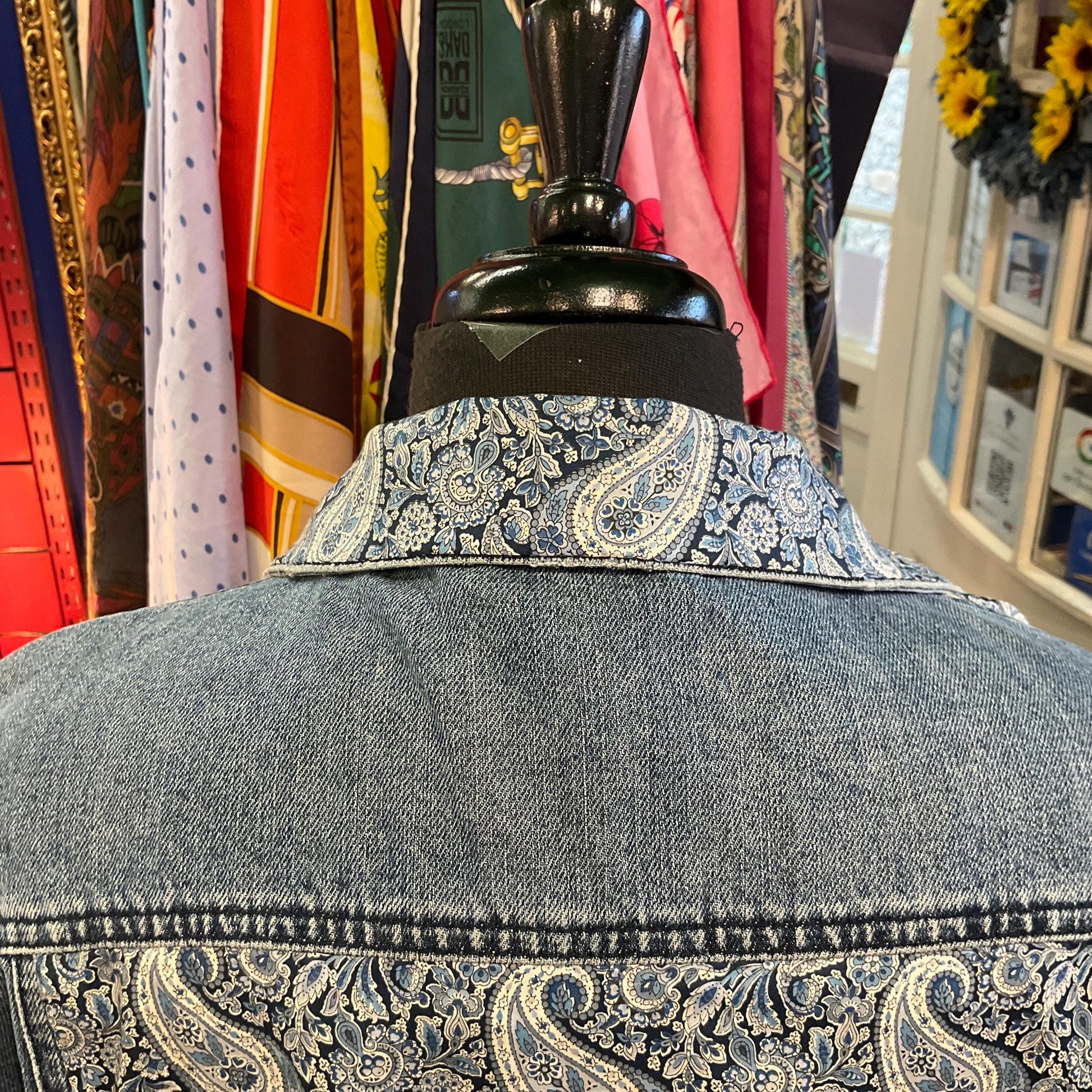 Unique Upcycled Vintage Distressed Denim JAcket with Liberty ‘Lee Manor’ Tana Lawn, UK size 16