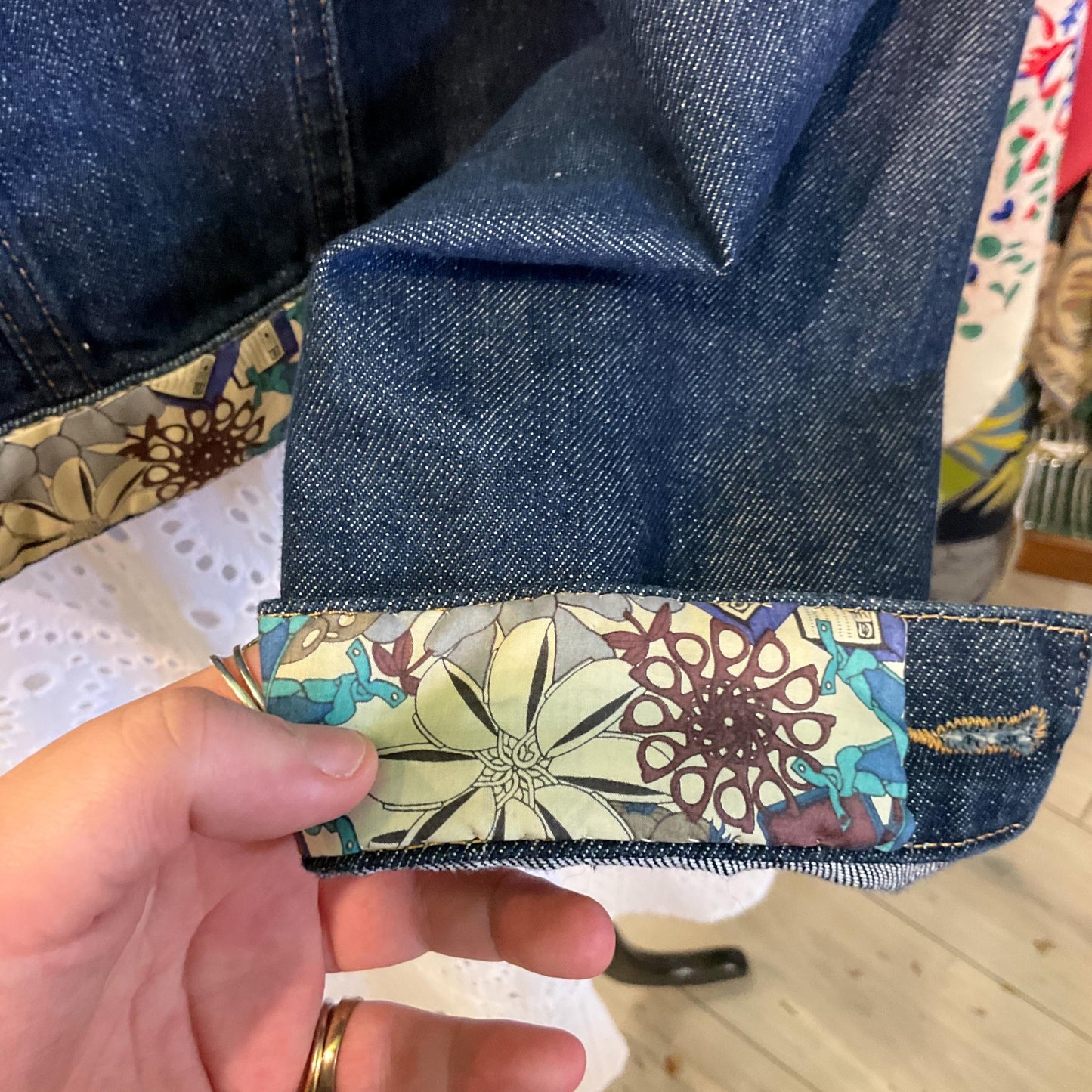 Unique Upcycled Vintage Phase Eight Dark Denim Jacket with Liberty ‘Mauvey’ Tana Lawn Cotton, UK size 14