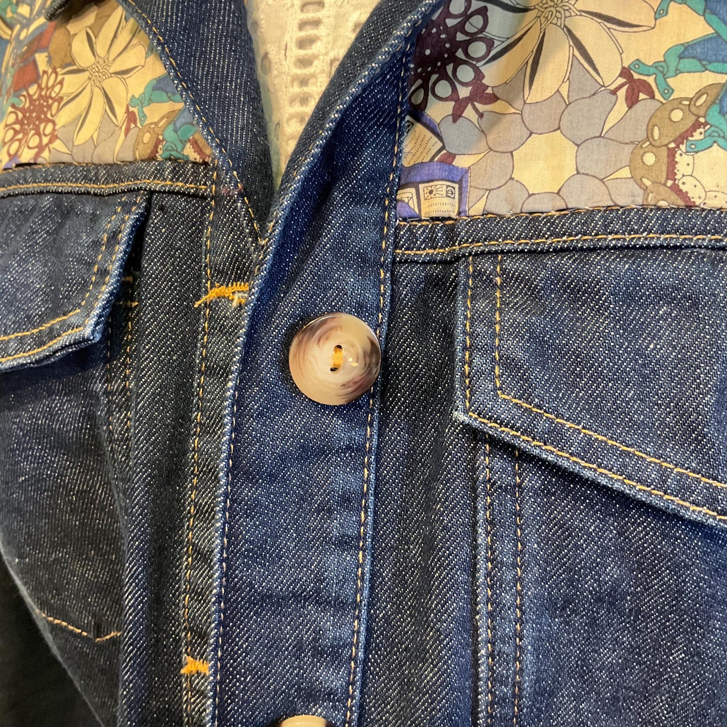 Unique Upcycled Vintage Phase Eight Dark Denim Jacket with Liberty ‘Mauvey’ Tana Lawn Cotton, UK size 14