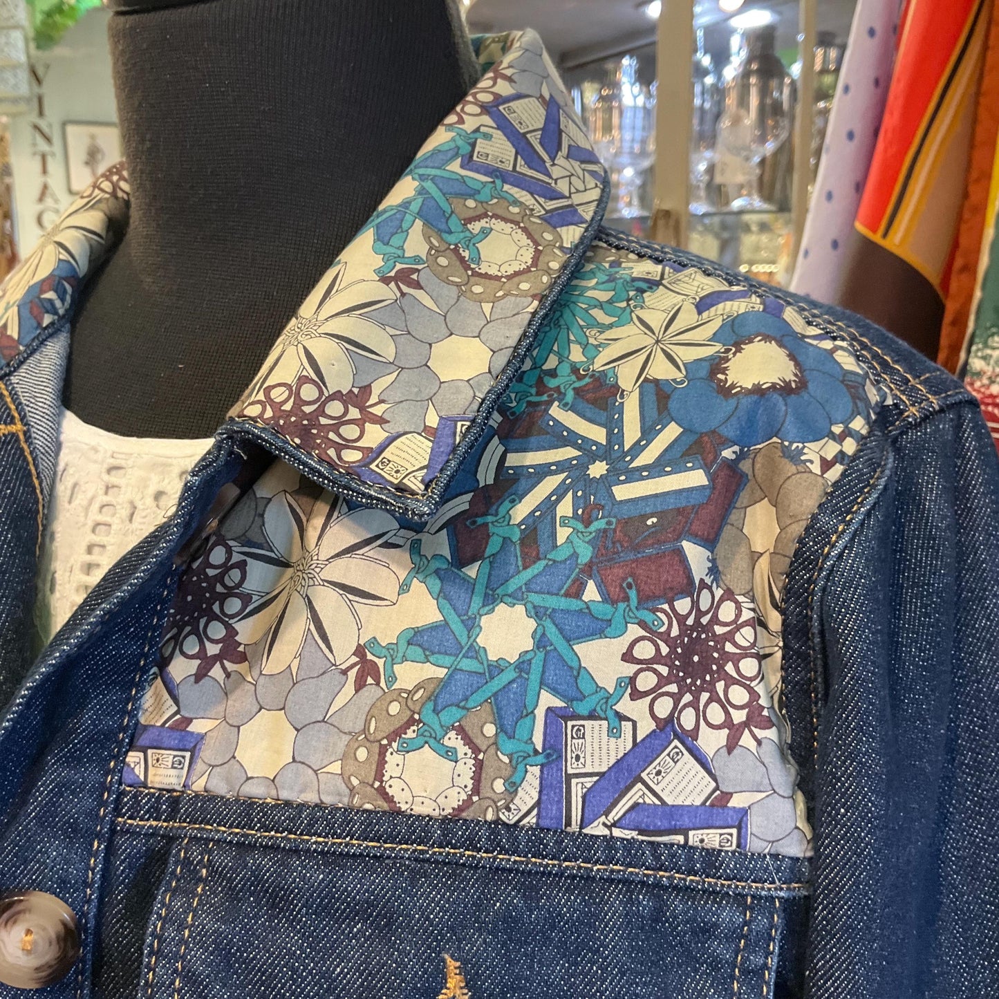 Unique Upcycled Vintage Phase Eight Dark Denim Jacket with Liberty ‘Mauvey’ Tana Lawn Cotton, UK size 14