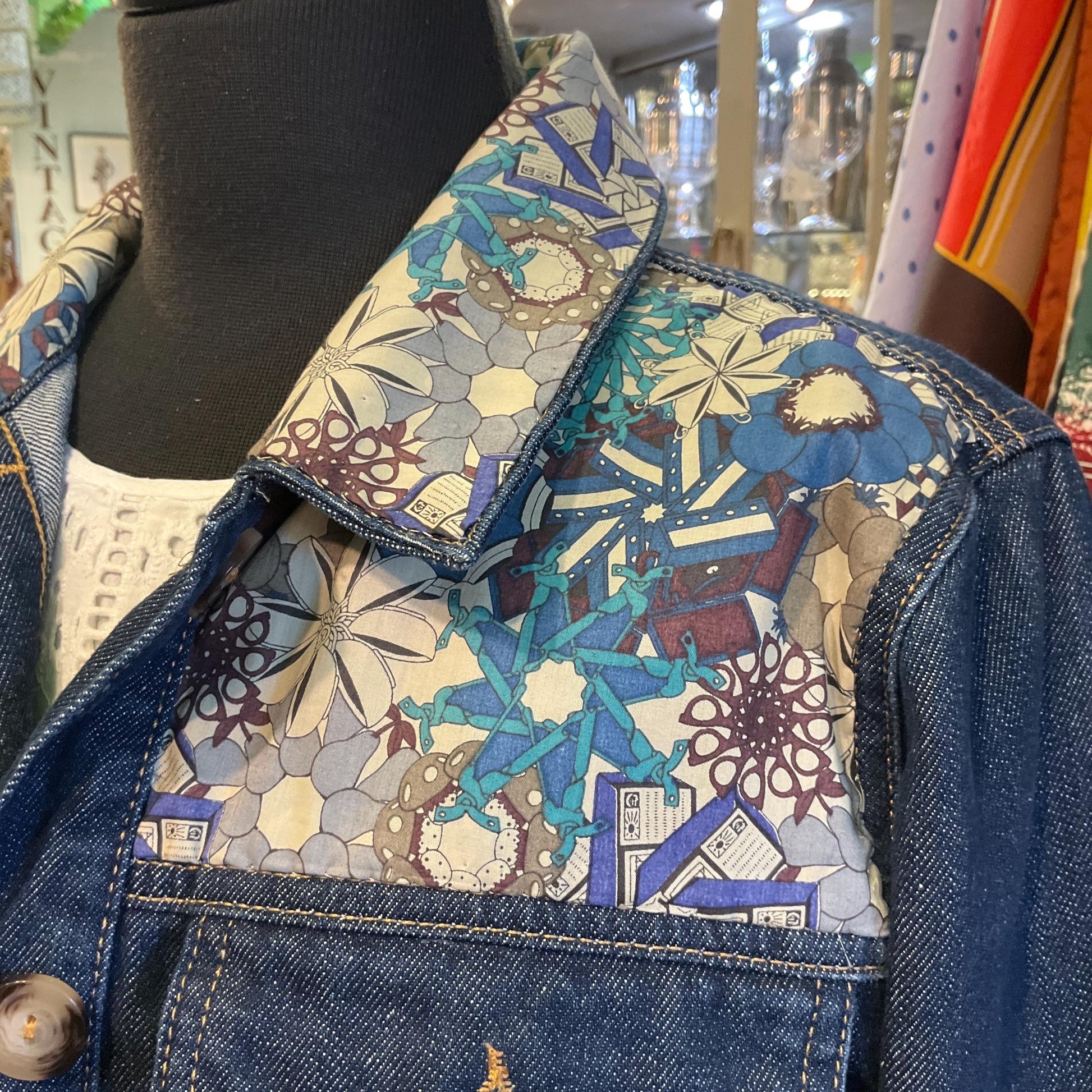 Unique Upcycled Vintage Phase Eight Dark Denim Jacket with Liberty ‘Mauvey’ Tana Lawn Cotton, UK size 14