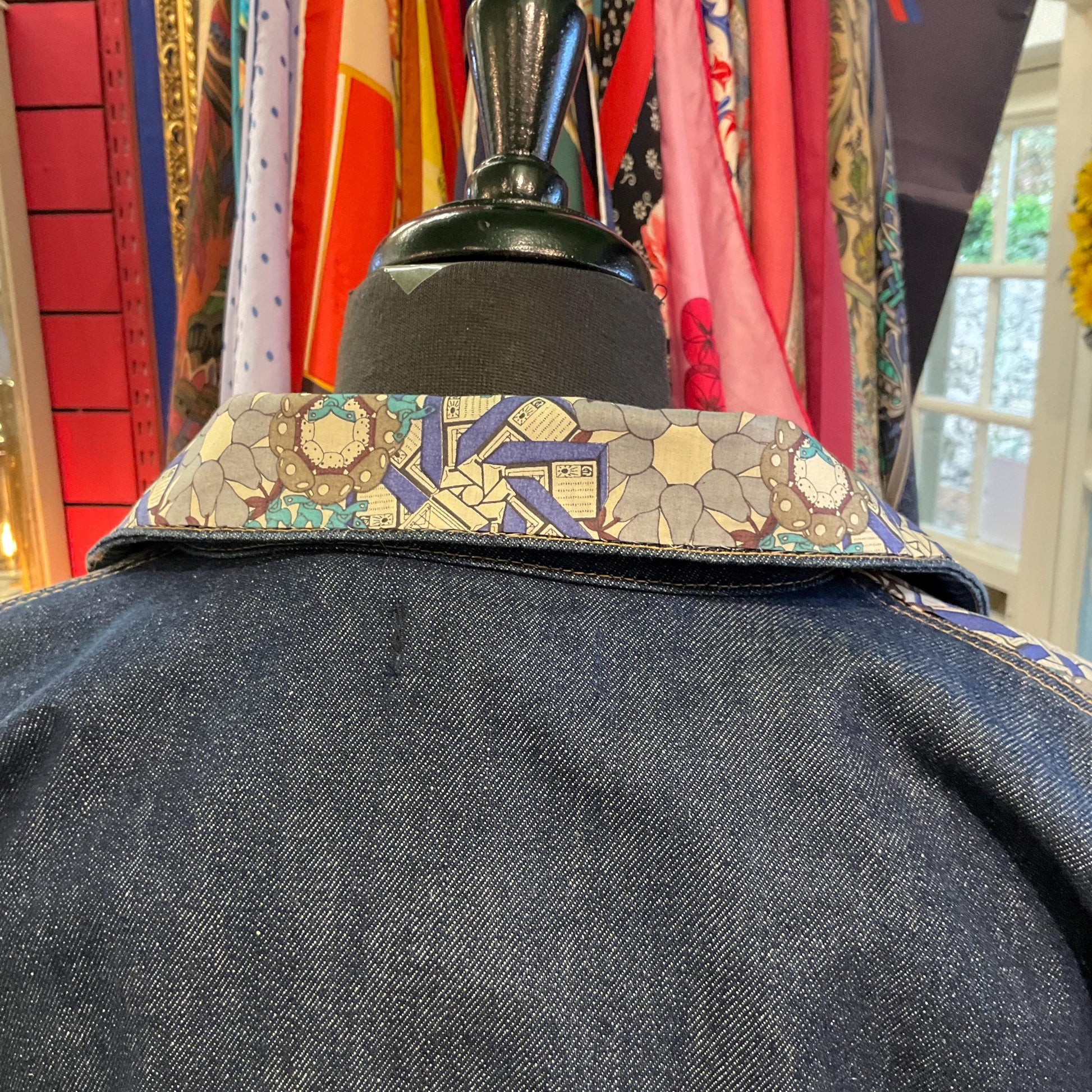 Unique Upcycled Vintage Phase Eight Dark Denim Jacket with Liberty ‘Mauvey’ Tana Lawn Cotton, UK size 14