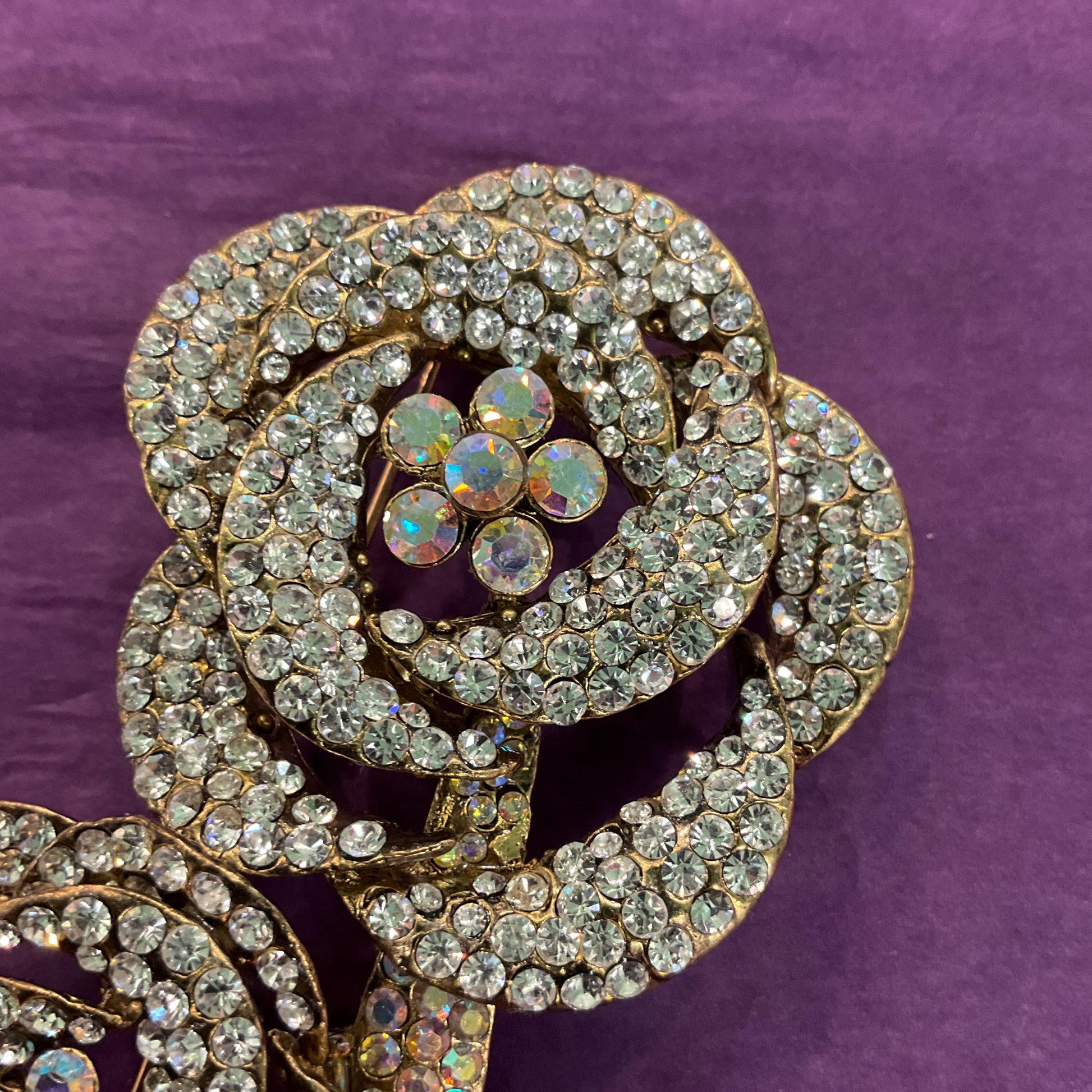 Vintage Butler and Wilson Large Silver Crystal Rose Corsage Brooch, Gold Tone Metal with Aurora Borealis Crystals