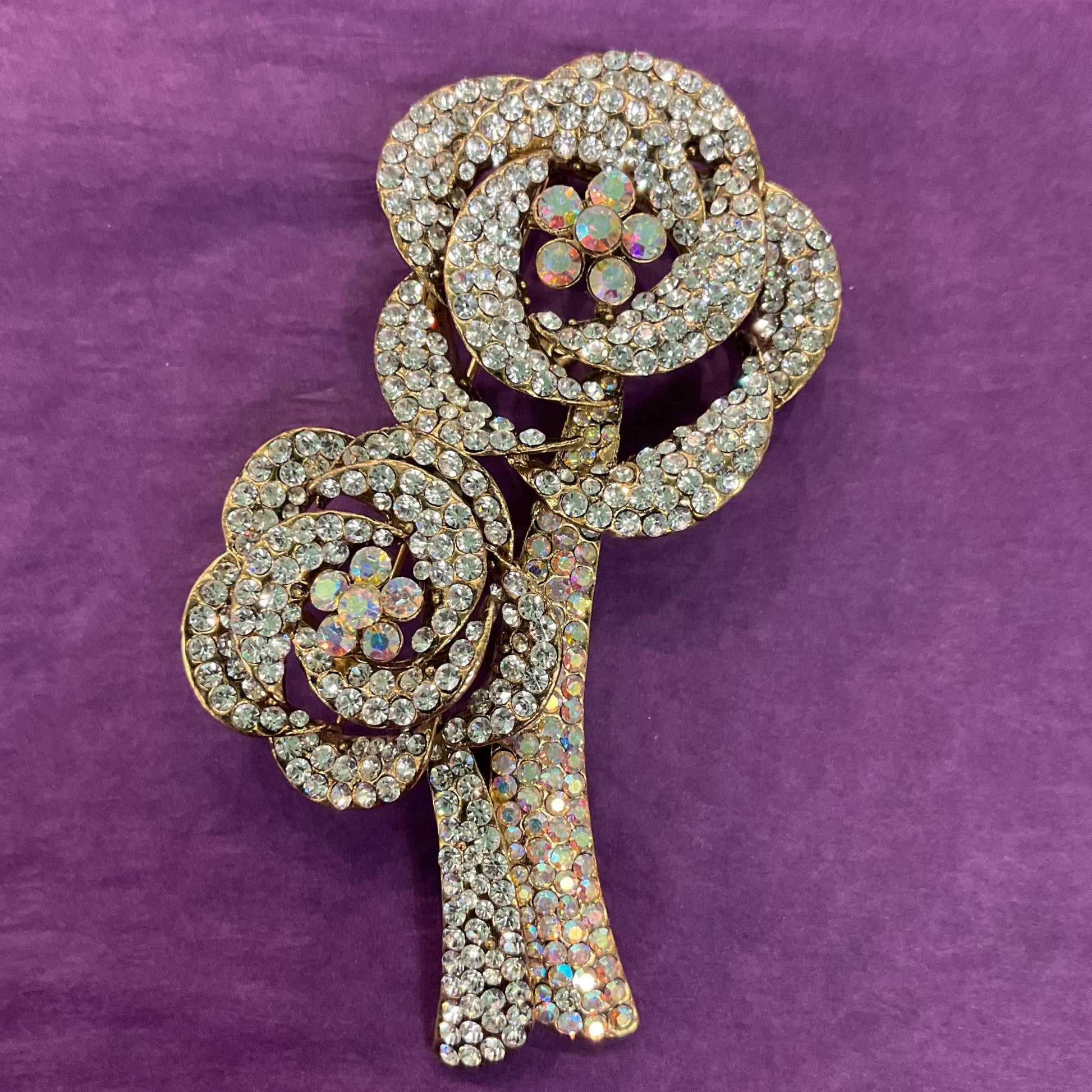 Vintage Butler and Wilson Large Silver Crystal Rose Corsage Brooch, Gold Tone Metal with Aurora Borealis Crystals