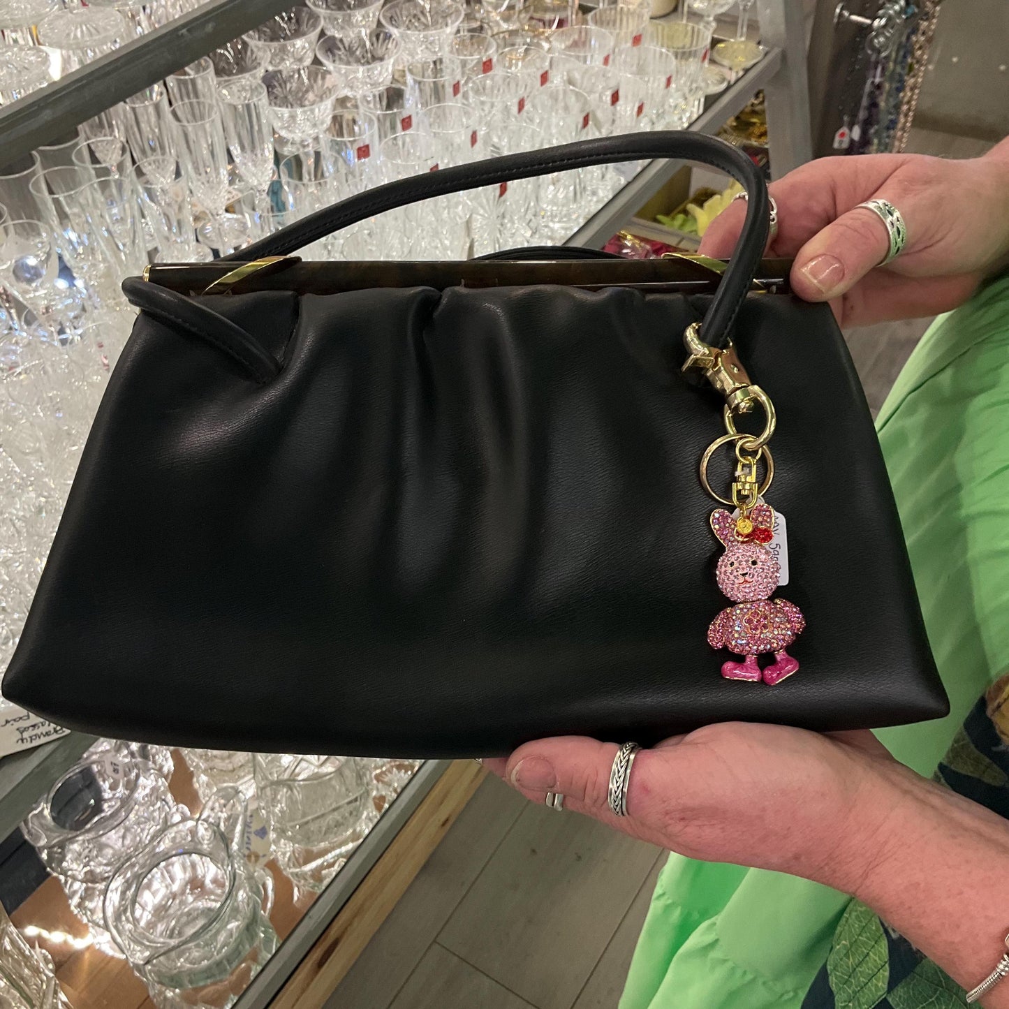Vintage Butler and Wilson Pink Crystal Bunny Rabbit Handbag Charm or Keyring, Gold tone with Borealis Crystals and Enamel
