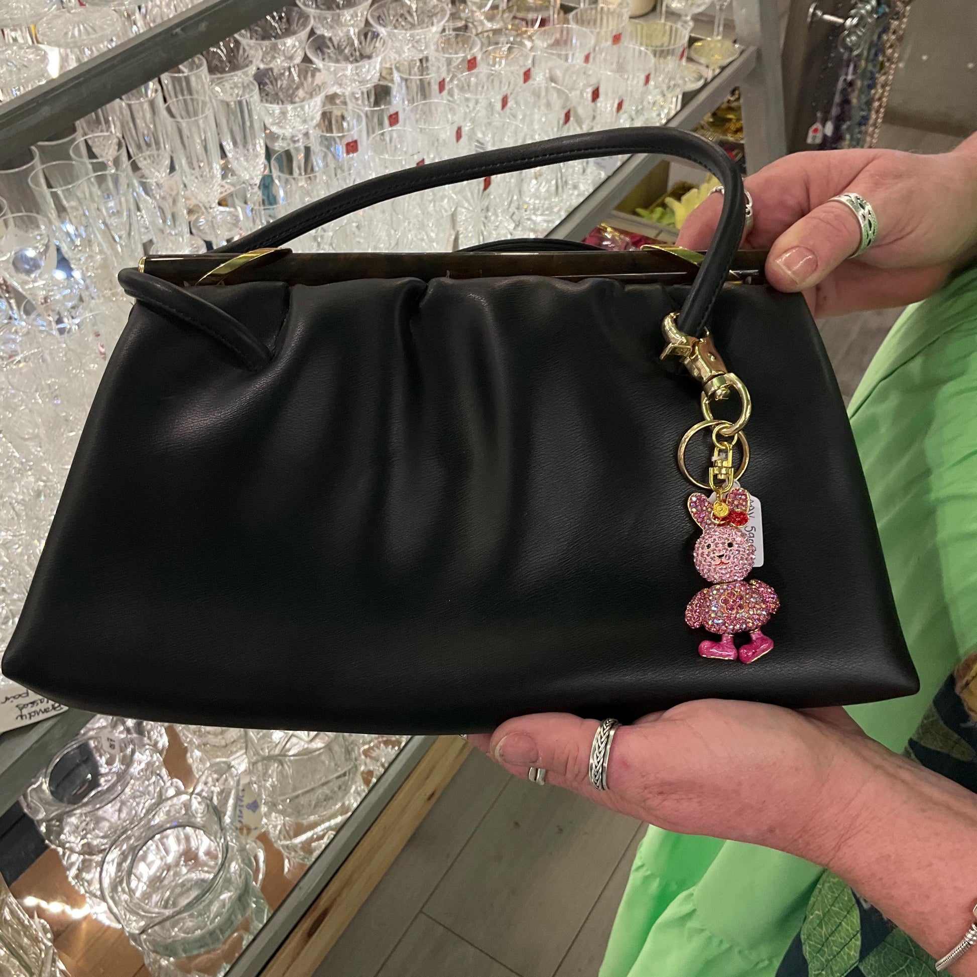 Vintage Butler and Wilson Pink Crystal Bunny Rabbit Handbag Charm or Keyring, Gold tone with Borealis Crystals and Enamel