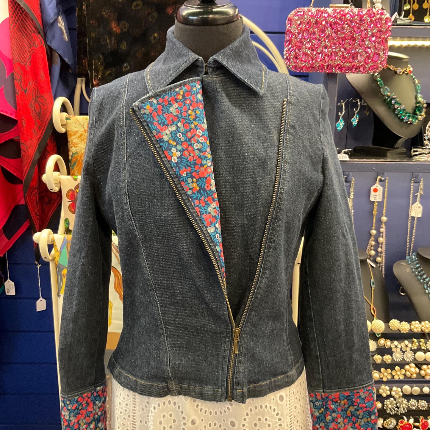 Unique Up-cycled Dark Denim Biker Style Jacket with Liberty ‘Wiltshire’ print Tana Lawm, Size UK 12