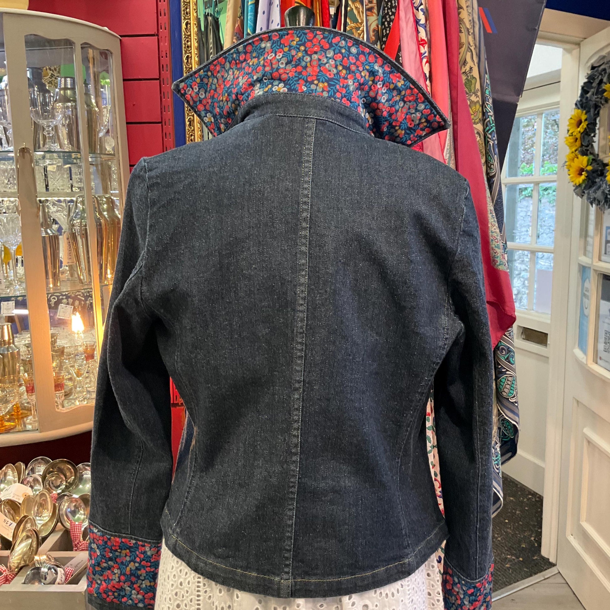 Unique Up-cycled Dark Denim Biker Style Jacket with Liberty ‘Wiltshire’ print Tana Lawm, Size UK 12
