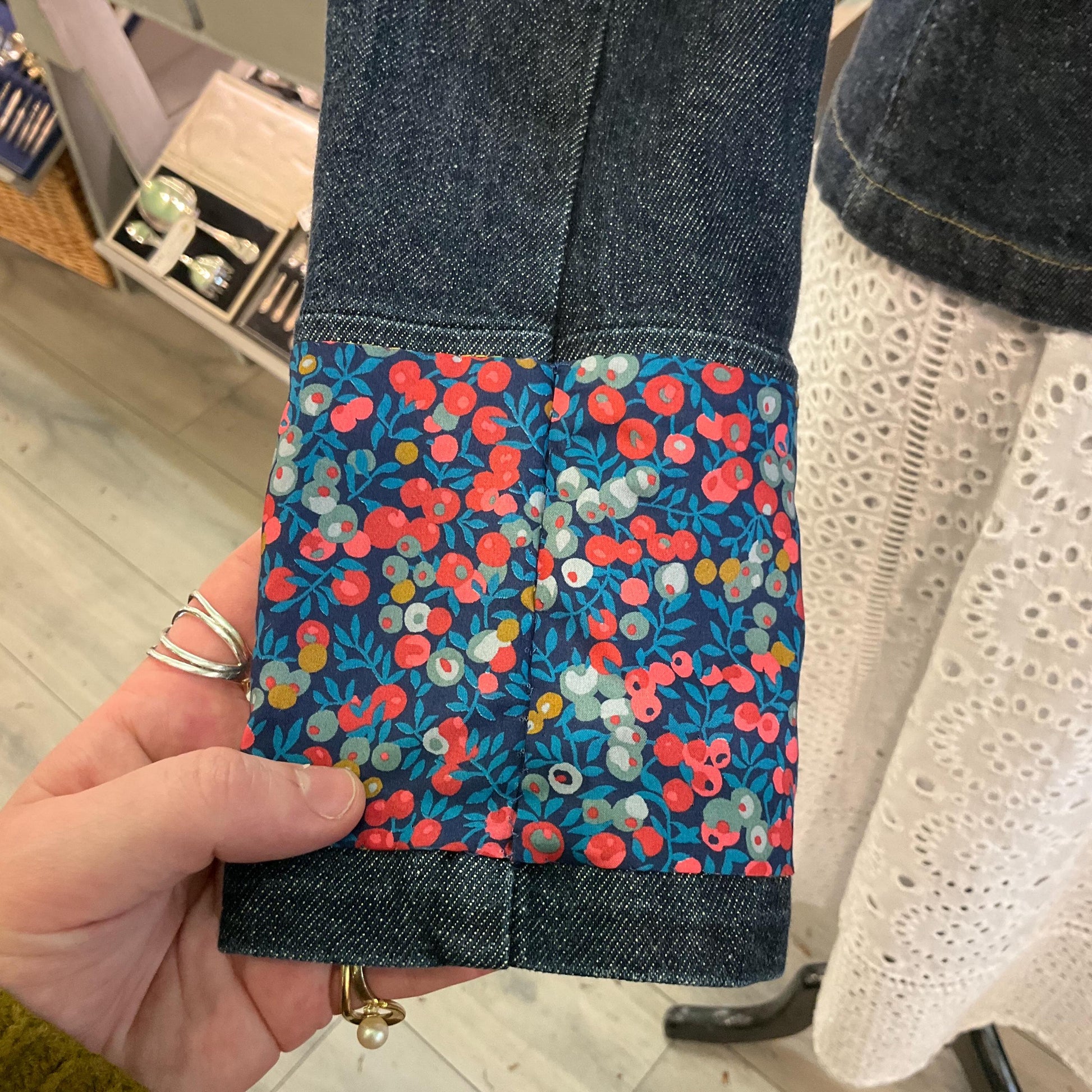 Unique Up-cycled Dark Denim Biker Style Jacket with Liberty ‘Wiltshire’ print Tana Lawm, Size UK 12