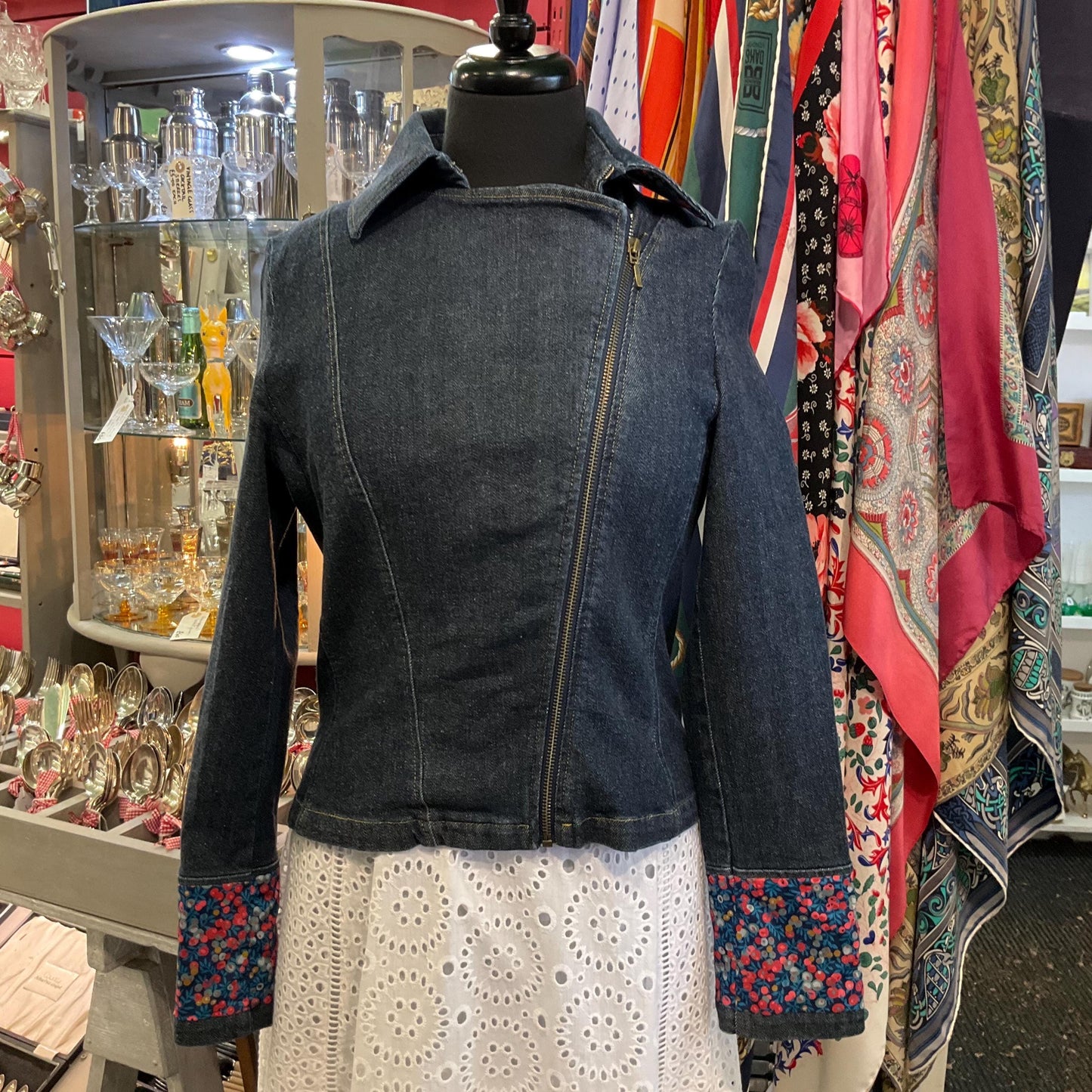 Unique Up-cycled Dark Denim Biker Style Jacket with Liberty ‘Wiltshire’ print Tana Lawm, Size UK 12