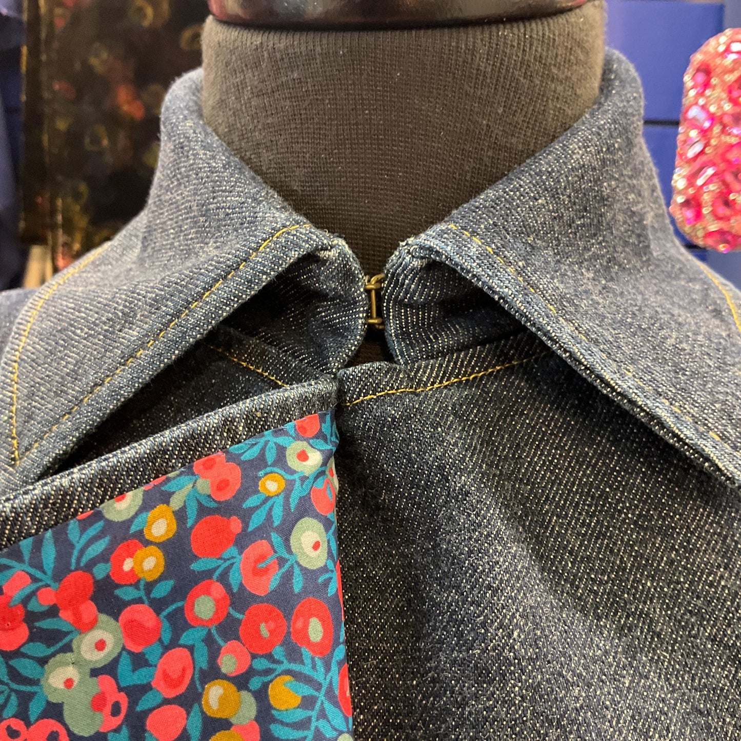 Unique Up-cycled Dark Denim Biker Style Jacket with Liberty ‘Wiltshire’ print Tana Lawm, Size UK 12