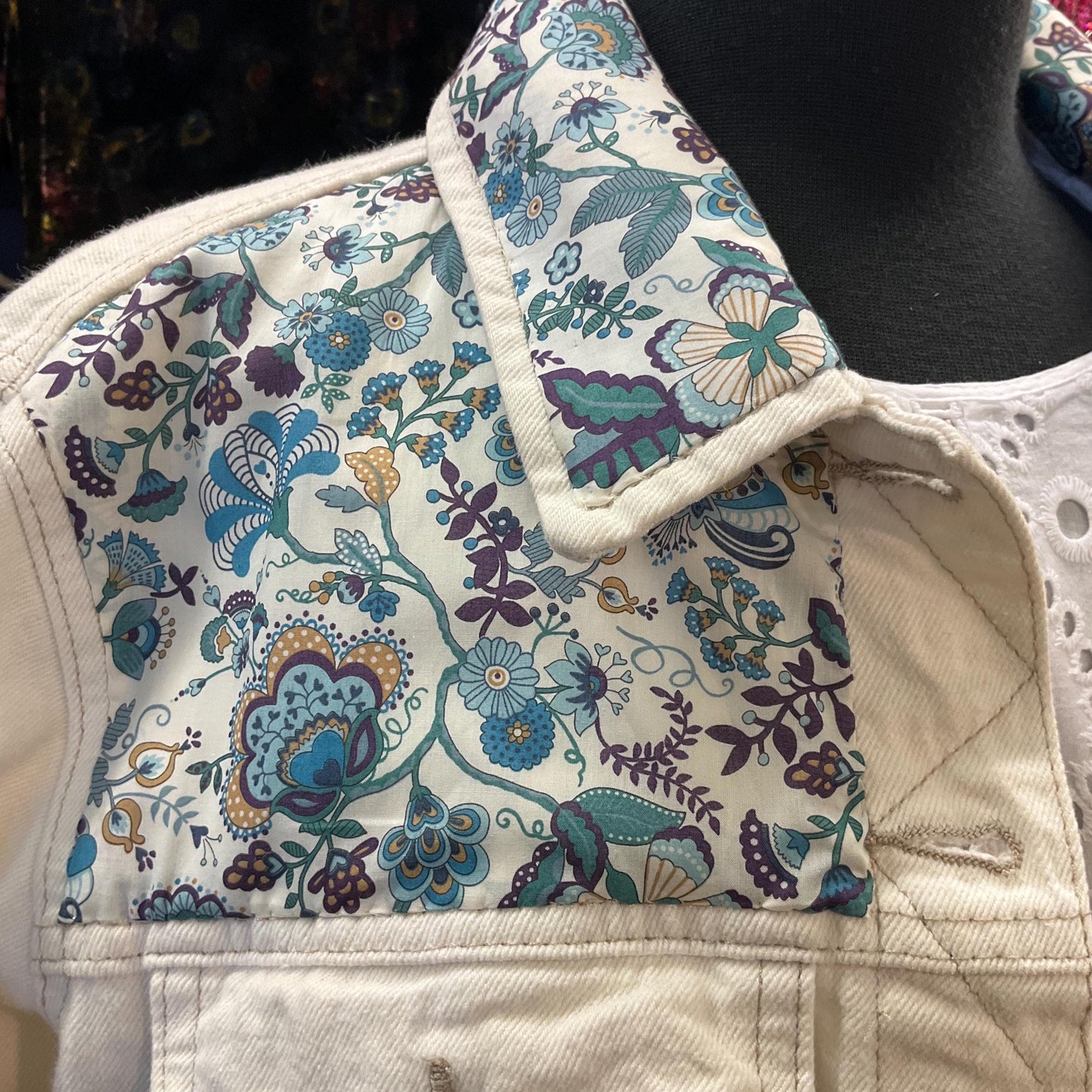 Vintage Up cycled Unique Off White Unworn Denim Jacket with Liberty ‘Mabelle’ Tana Lawn, Original Tags, Size UK 22