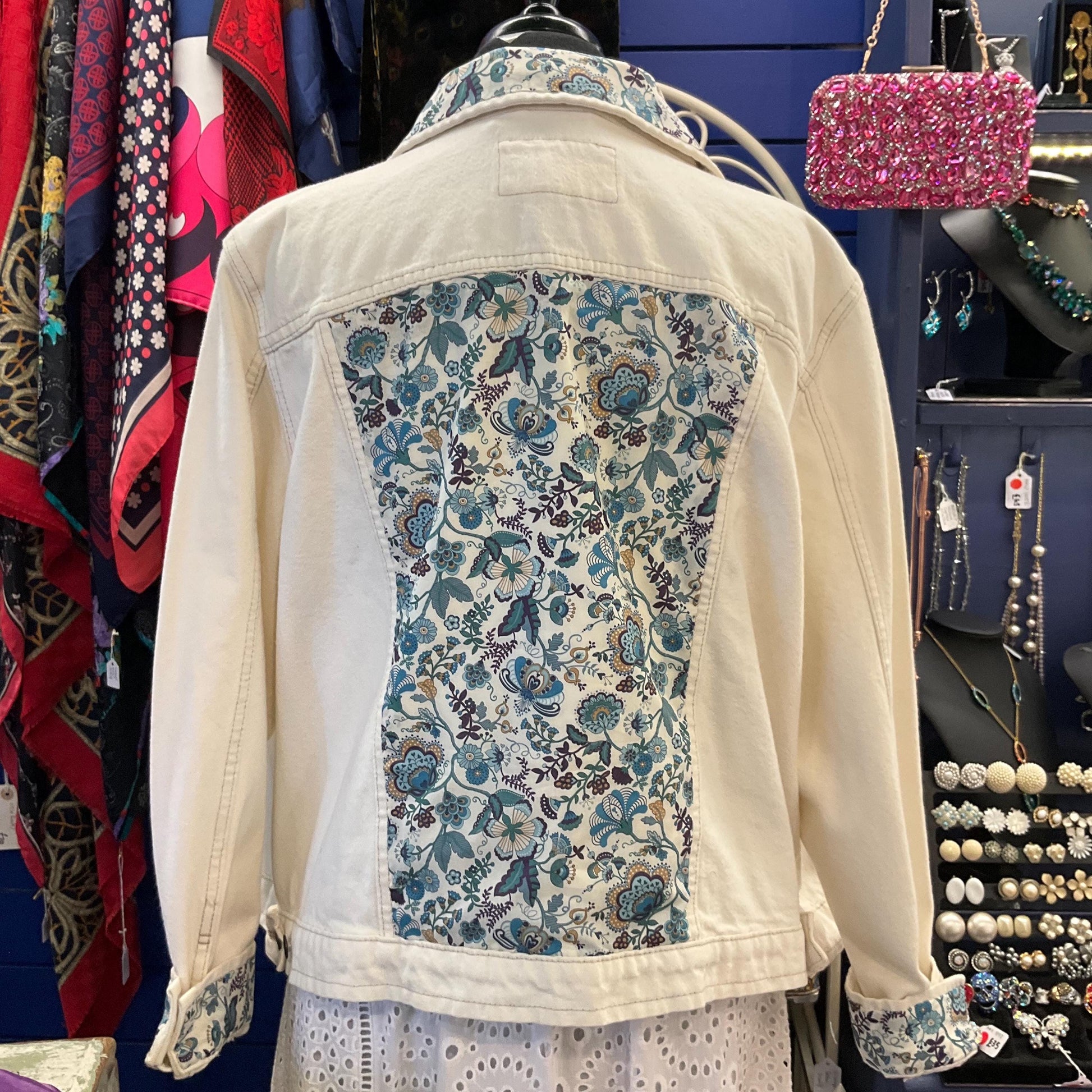 Vintage Up cycled Unique Off White Unworn Denim Jacket with Liberty ‘Mabelle’ Tana Lawn, Original Tags, Size UK 22