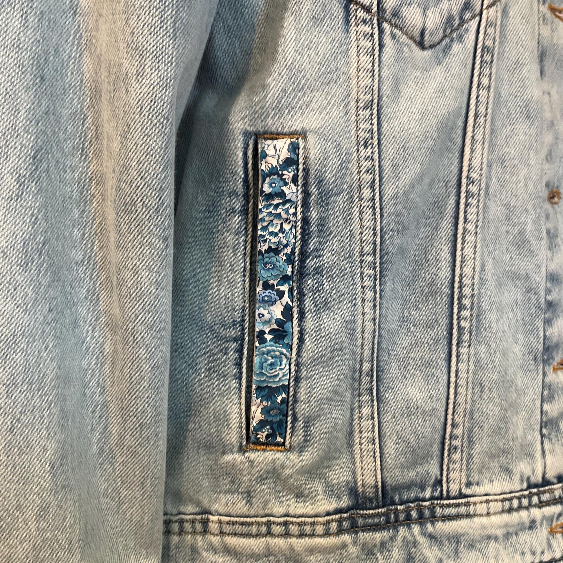 Unique Up- Cycled Vintage HUSH Pale Blue Denim Jacket with Liberty ‘Elysian Day’ Print Tana Lawn, Size UK 12