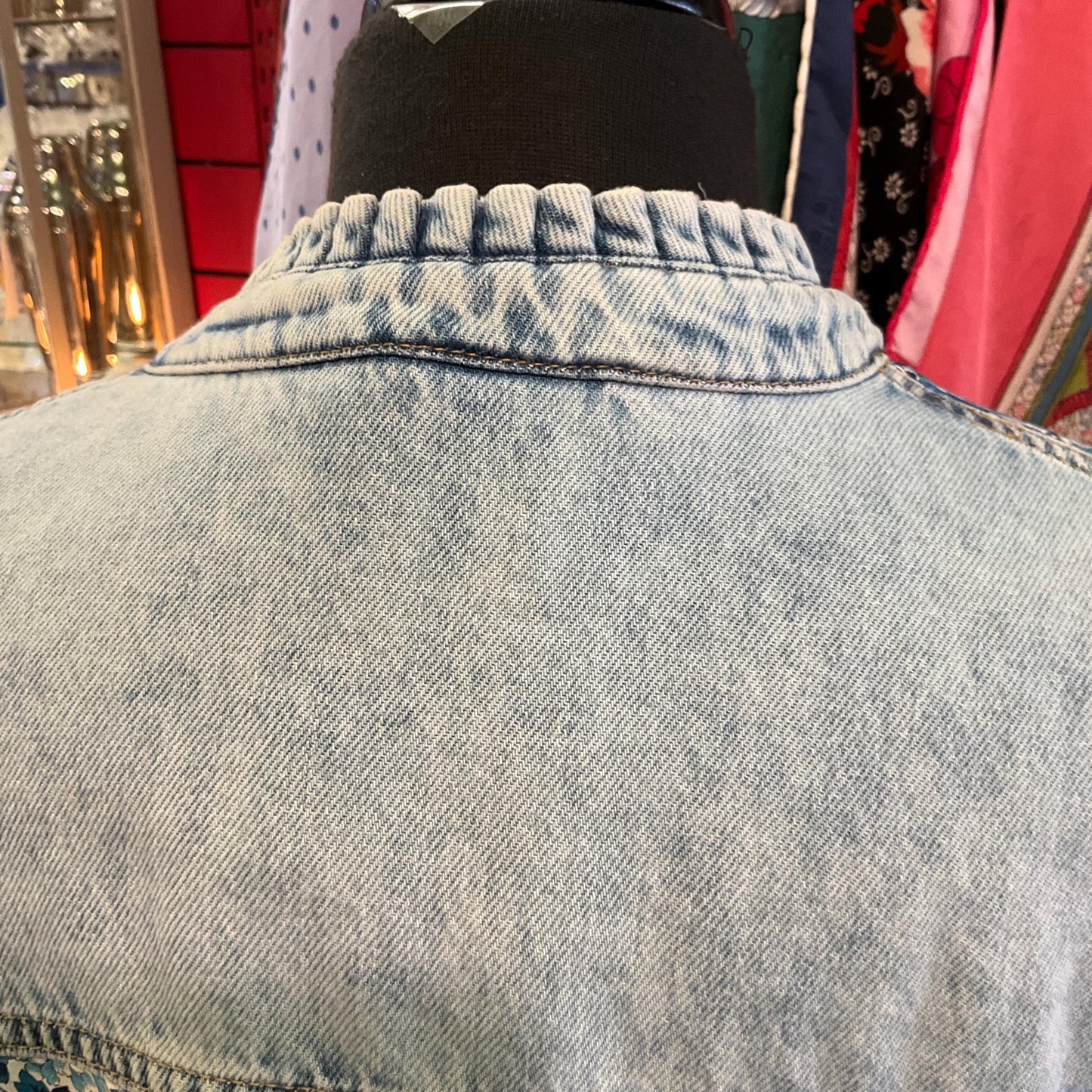 Unique Up- Cycled Vintage HUSH Pale Blue Denim Jacket with Liberty ‘Elysian Day’ Print Tana Lawn, Size UK 12