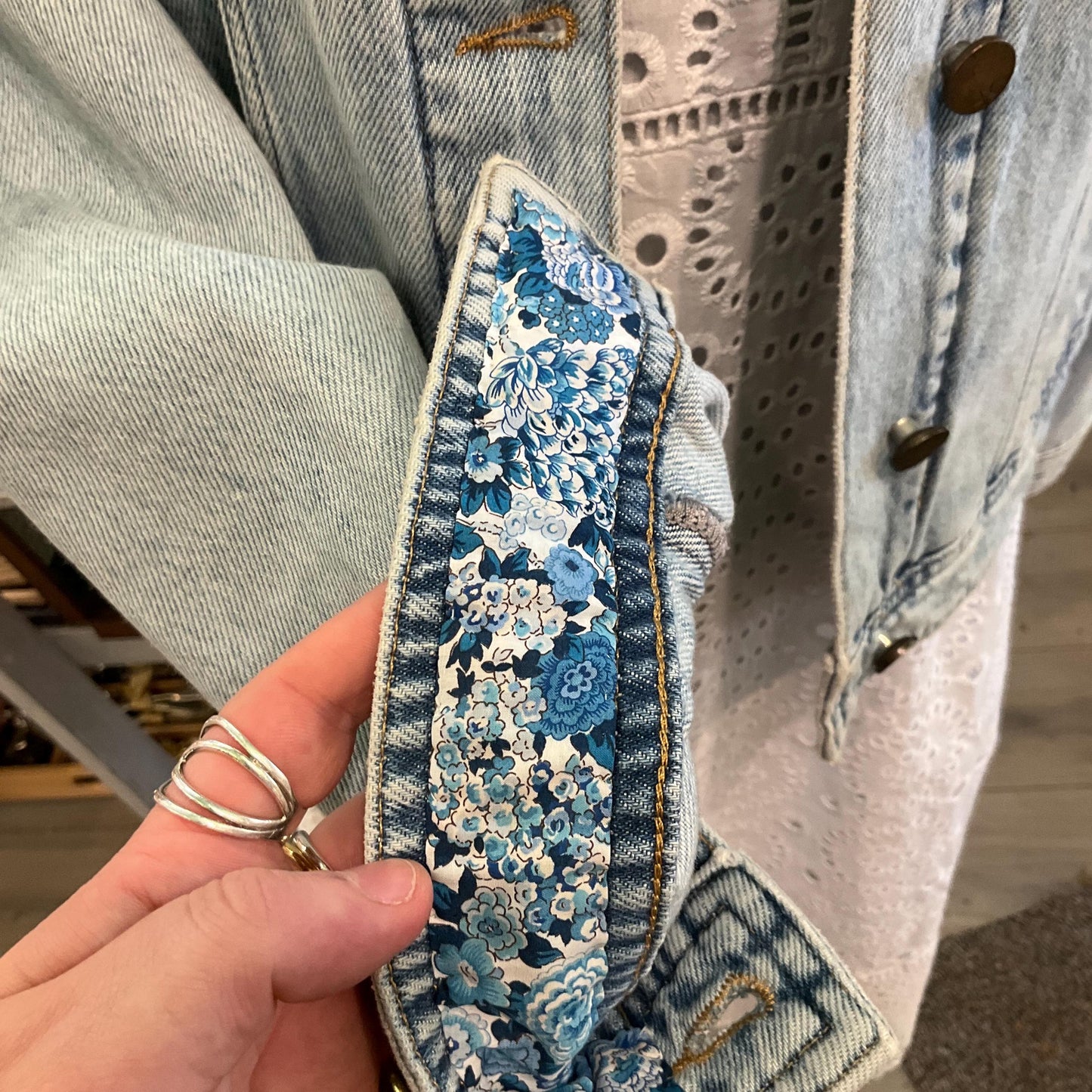 Unique Up- Cycled Vintage HUSH Pale Blue Denim Jacket with Liberty ‘Elysian Day’ Print Tana Lawn, Size UK 12