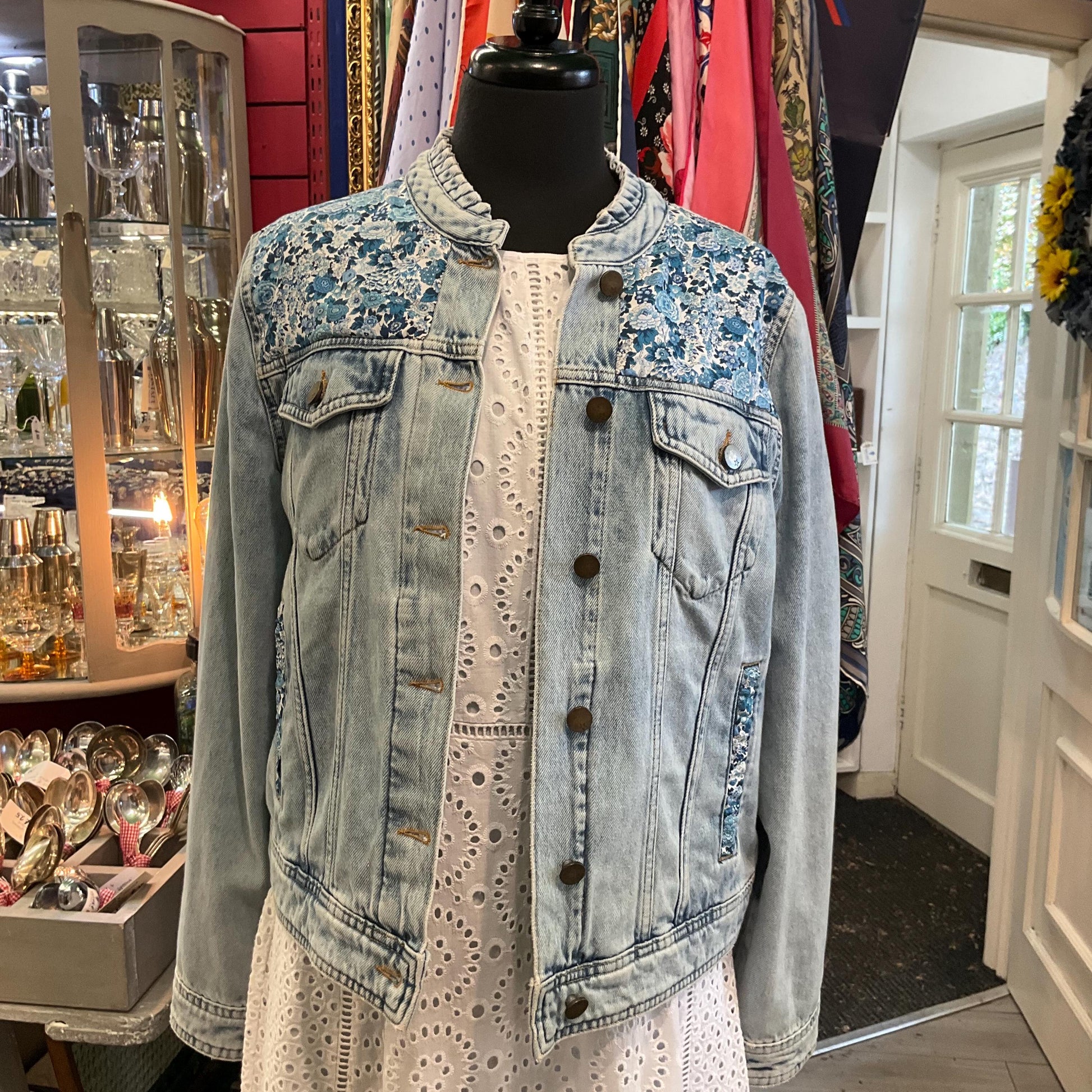 Unique Up- Cycled Vintage HUSH Pale Blue Denim Jacket with Liberty ‘Elysian Day’ Print Tana Lawn, Size UK 12