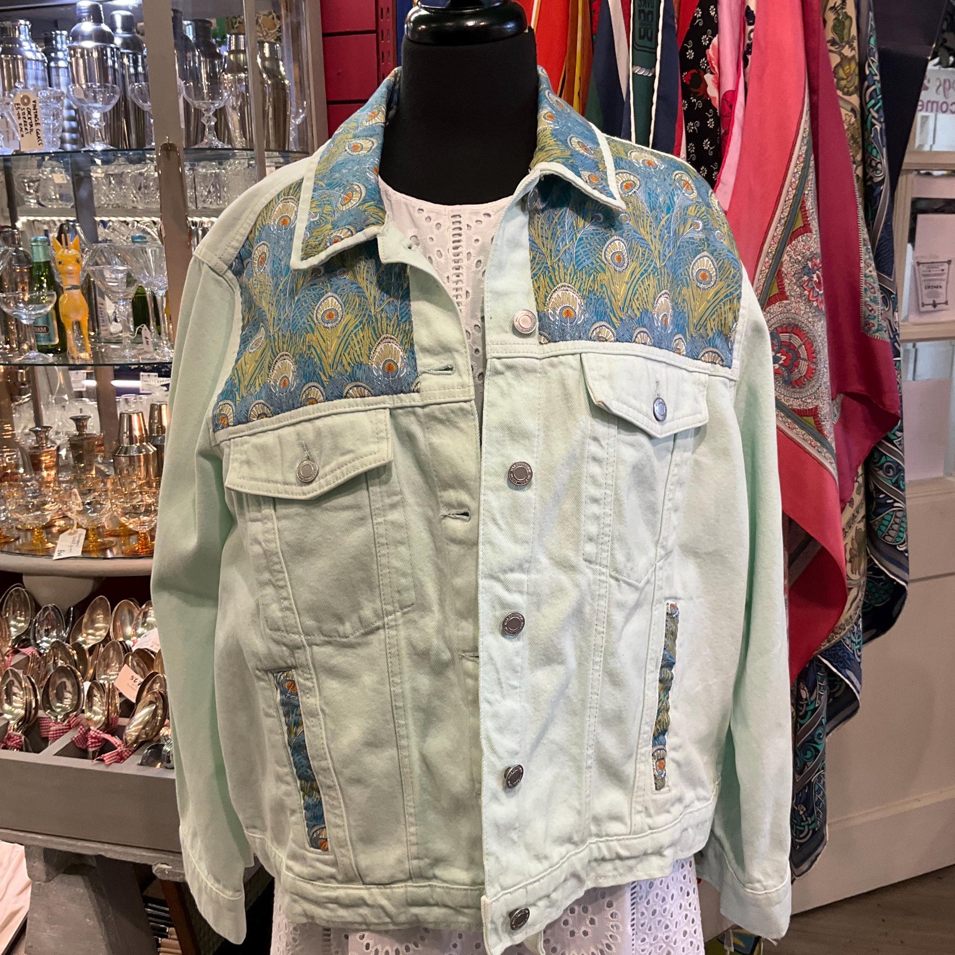 Unique Up Cycled Vintage Unworn Pale Green Denim Jacket with Liberty ‘Hera’ Peacock Feather Tana Lawn , Original tags, Size Uk 24