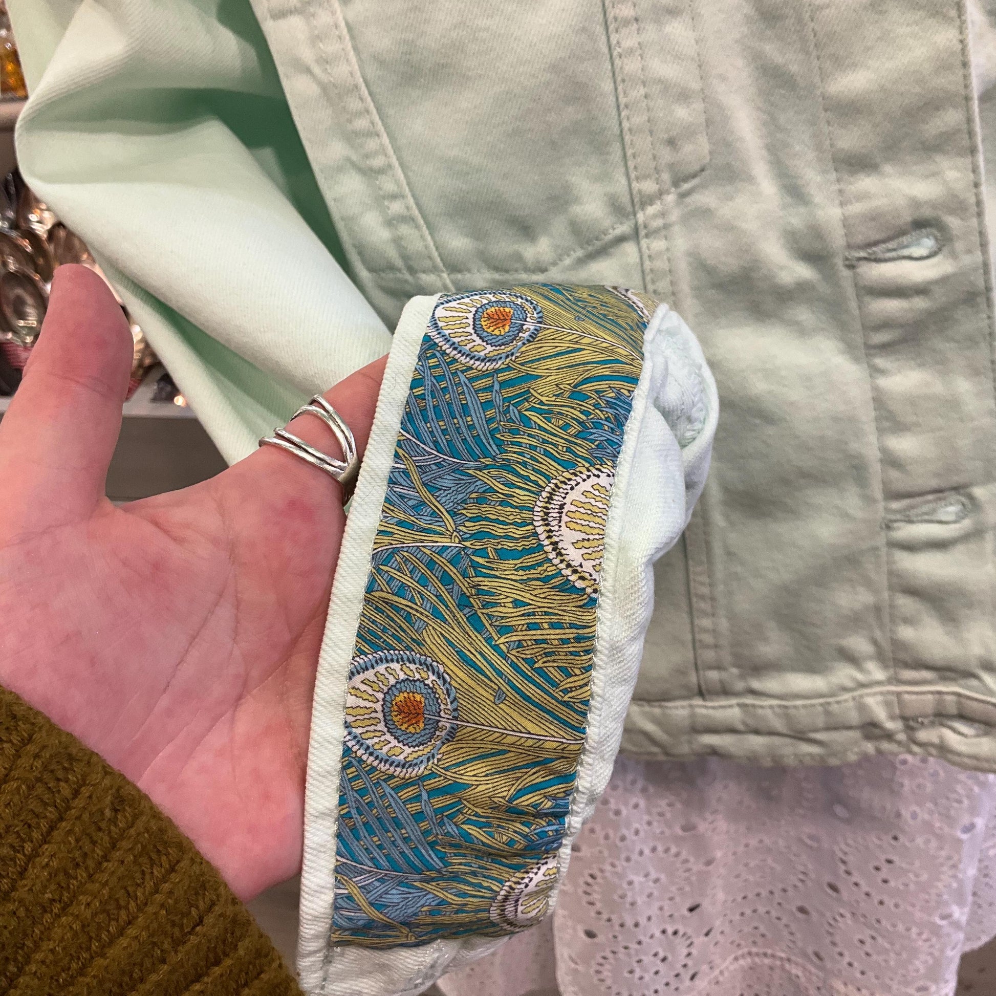 Unique Up Cycled Vintage Unworn Pale Green Denim Jacket with Liberty ‘Hera’ Peacock Feather Tana Lawn , Original tags, Size Uk 24