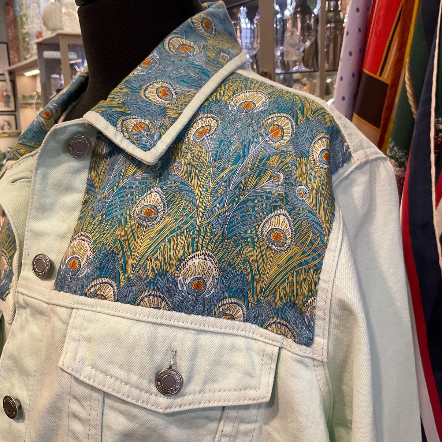 Unique Up Cycled Vintage Unworn Pale Green Denim Jacket with Liberty ‘Hera’ Peacock Feather Tana Lawn , Original tags, Size Uk 24