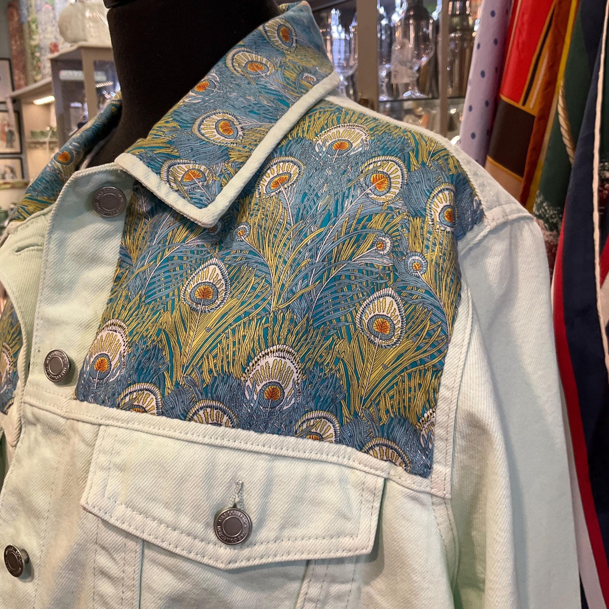 Unique Up Cycled Vintage Unworn Pale Green Denim Jacket with Liberty ‘Hera’ Peacock Feather Tana Lawn , Original tags, Size Uk 24