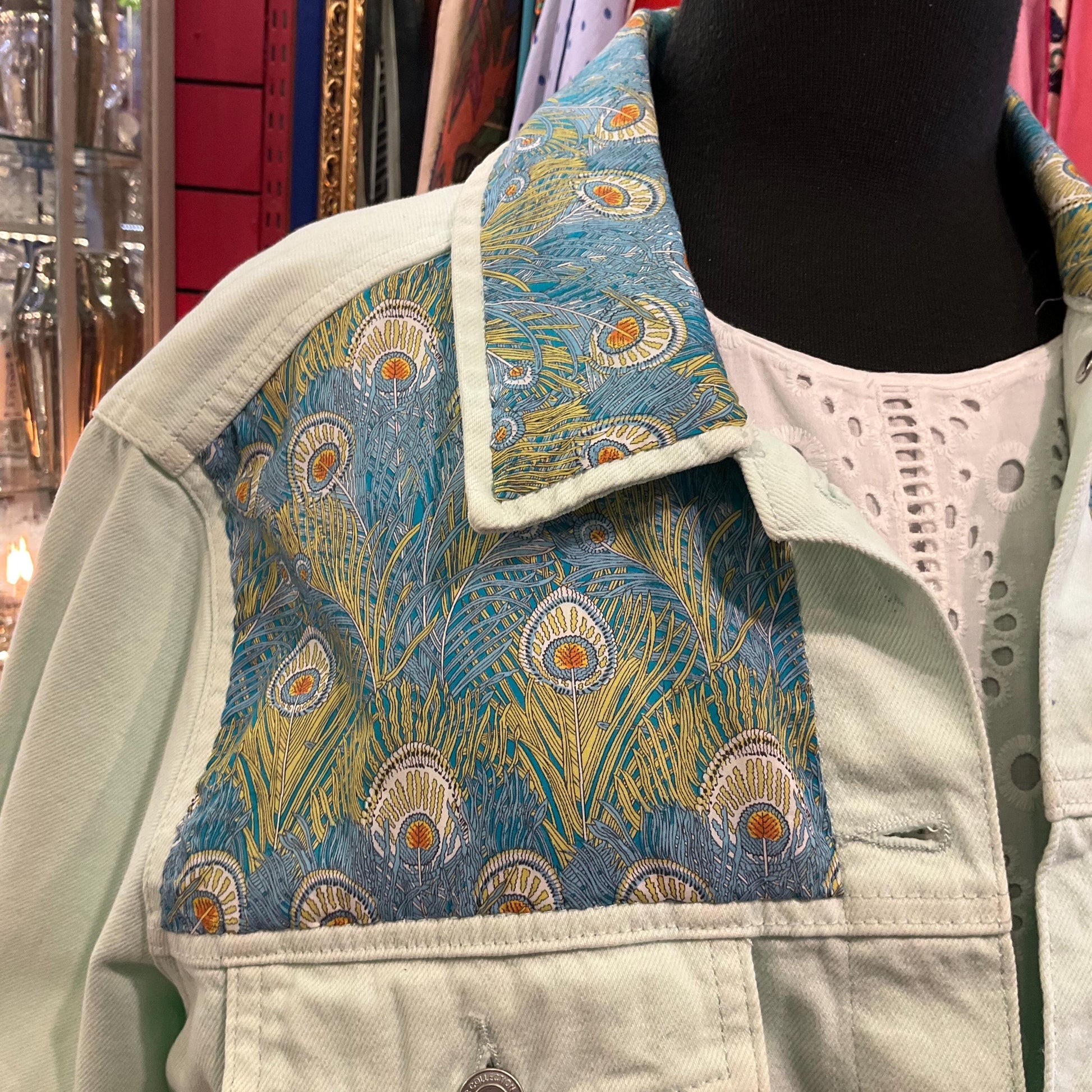 Unique Up Cycled Vintage Unworn Pale Green Denim Jacket with Liberty ‘Hera’ Peacock Feather Tana Lawn , Original tags, Size Uk 24