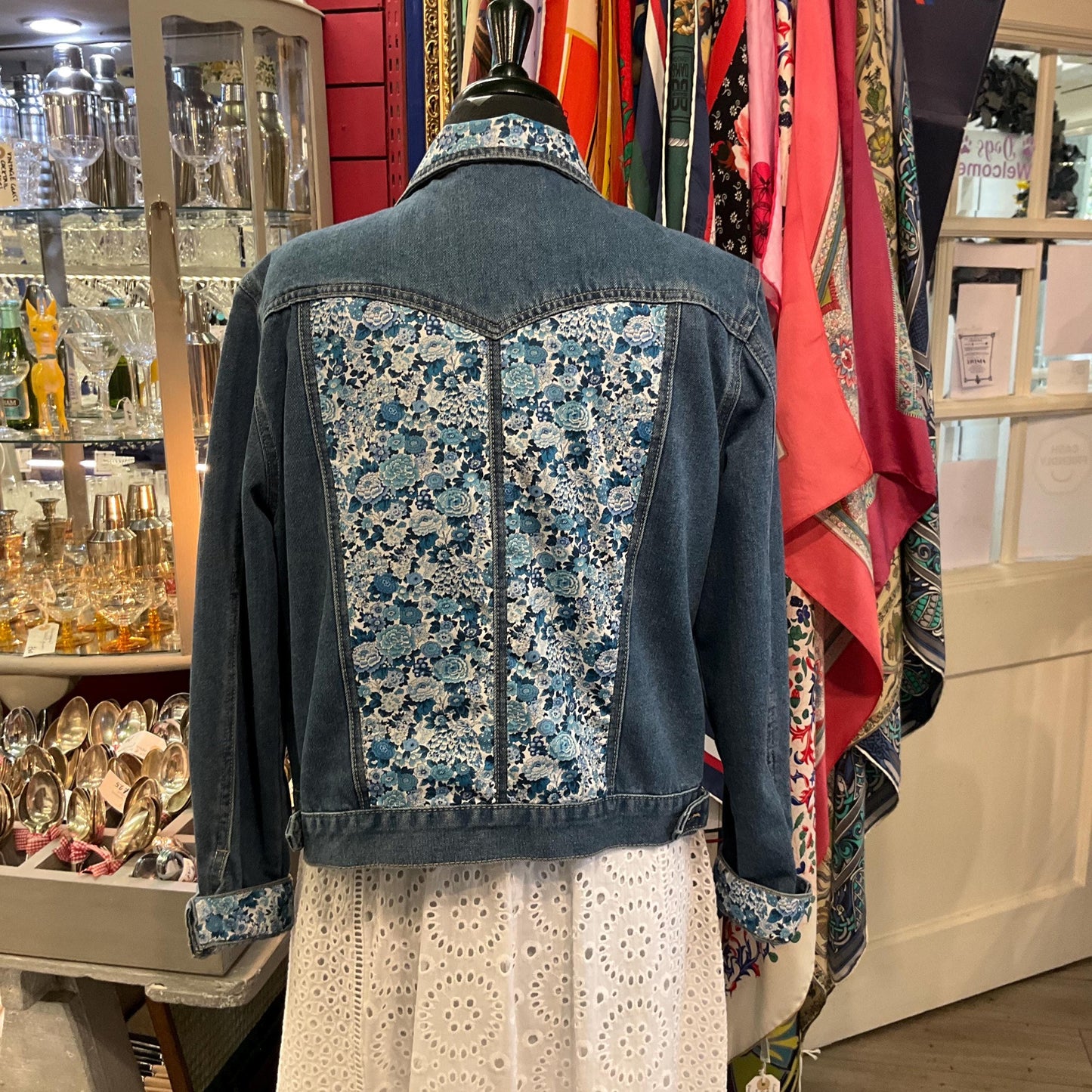 Unique Up Cycled Vintage Mid Blue Denim Jacket with Liberty ‘Elysian Day’ Floral Tana Lawn, Size UK 12/14