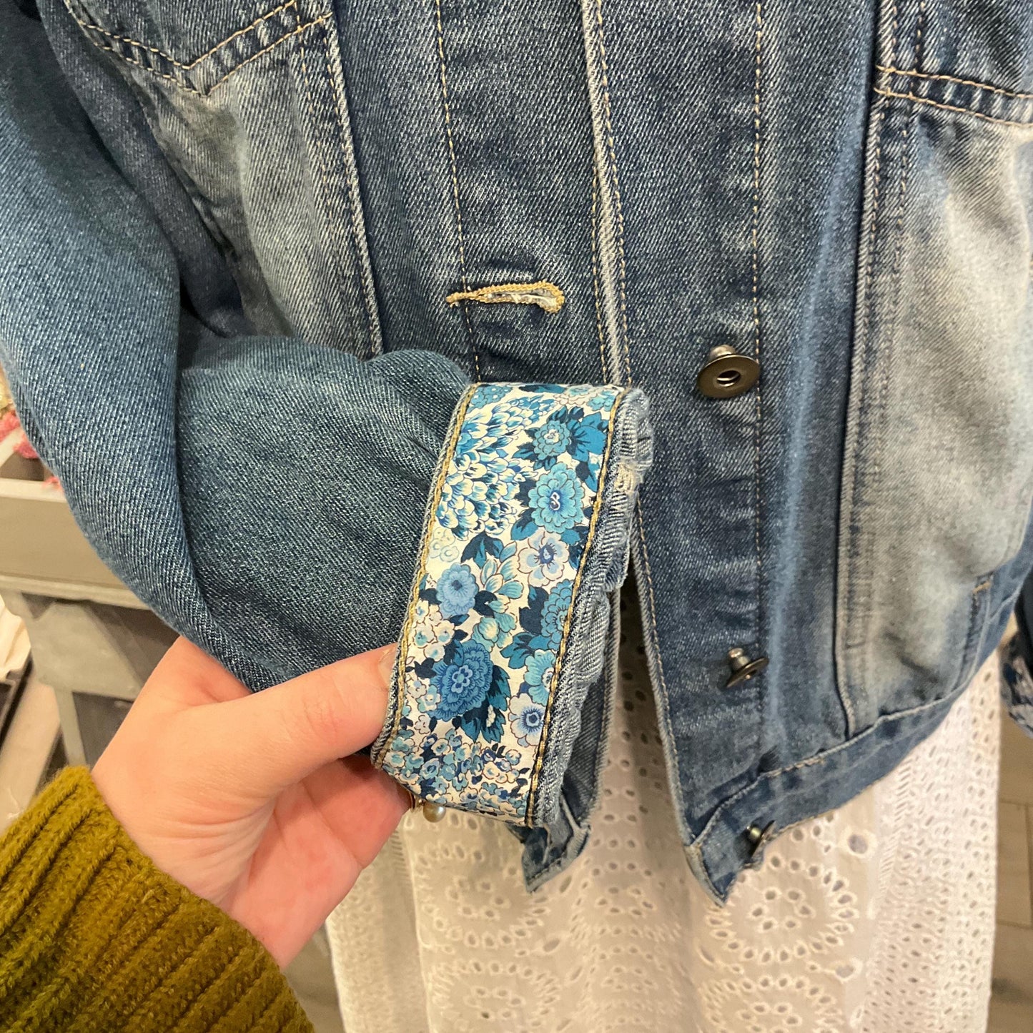Unique Up Cycled Vintage Mid Blue Denim Jacket with Liberty ‘Elysian Day’ Floral Tana Lawn, Size UK 12/14