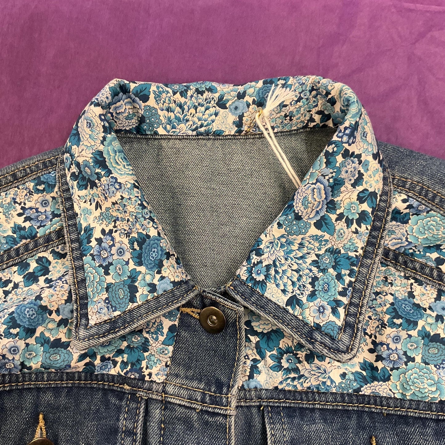Unique Up Cycled Vintage Mid Blue Denim Jacket with Liberty ‘Elysian Day’ Floral Tana Lawn, Size UK 12/14