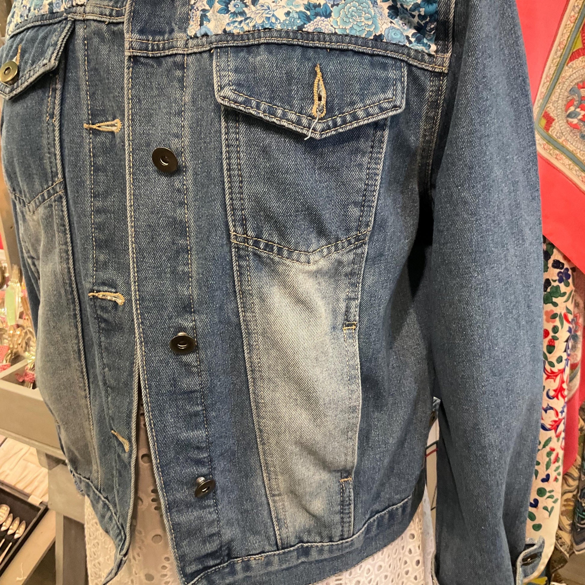 Unique Up Cycled Vintage Mid Blue Denim Jacket with Liberty ‘Elysian Day’ Floral Tana Lawn, Size UK 12/14