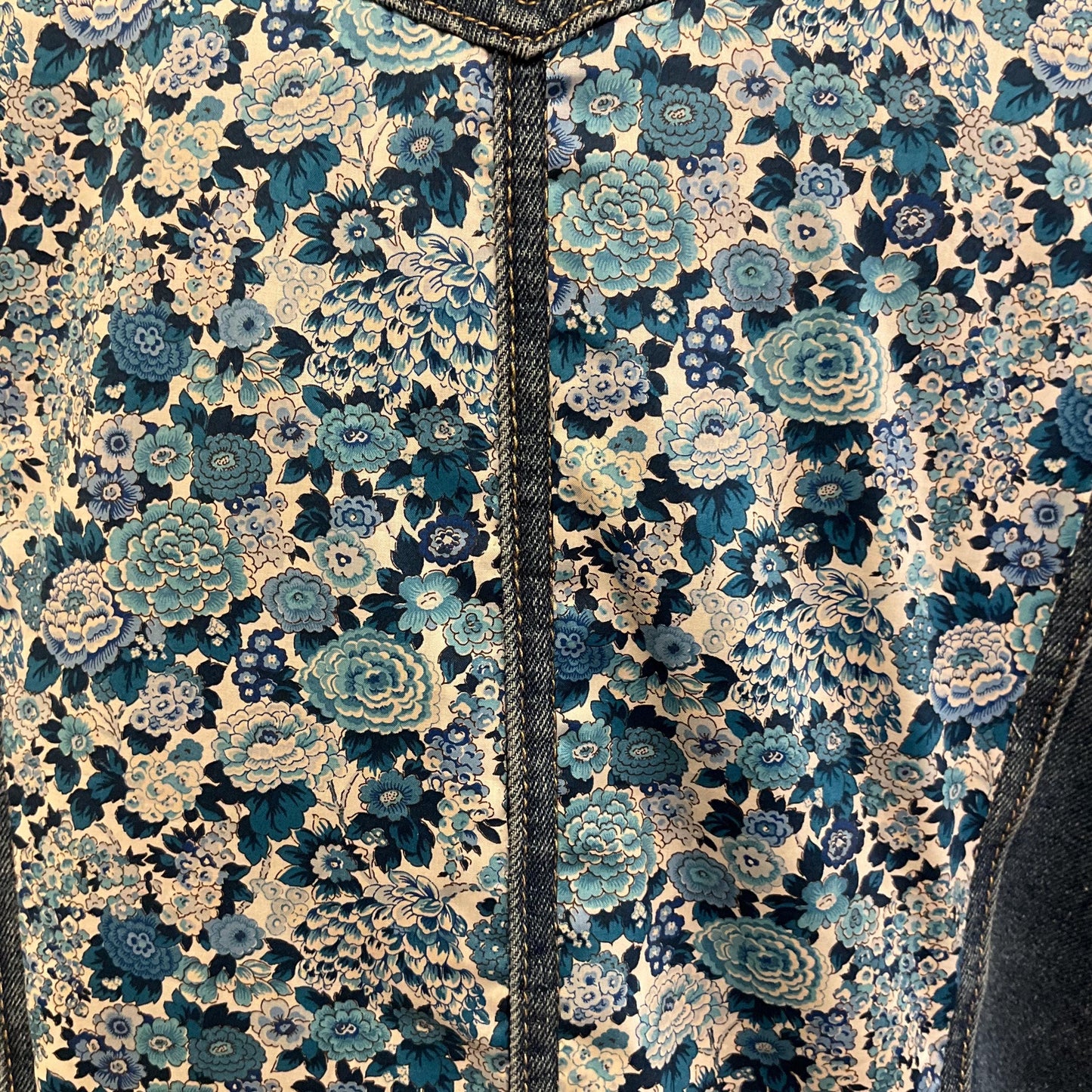Unique Up Cycled Vintage Mid Blue Denim Jacket with Liberty ‘Elysian Day’ Floral Tana Lawn, Size UK 12/14