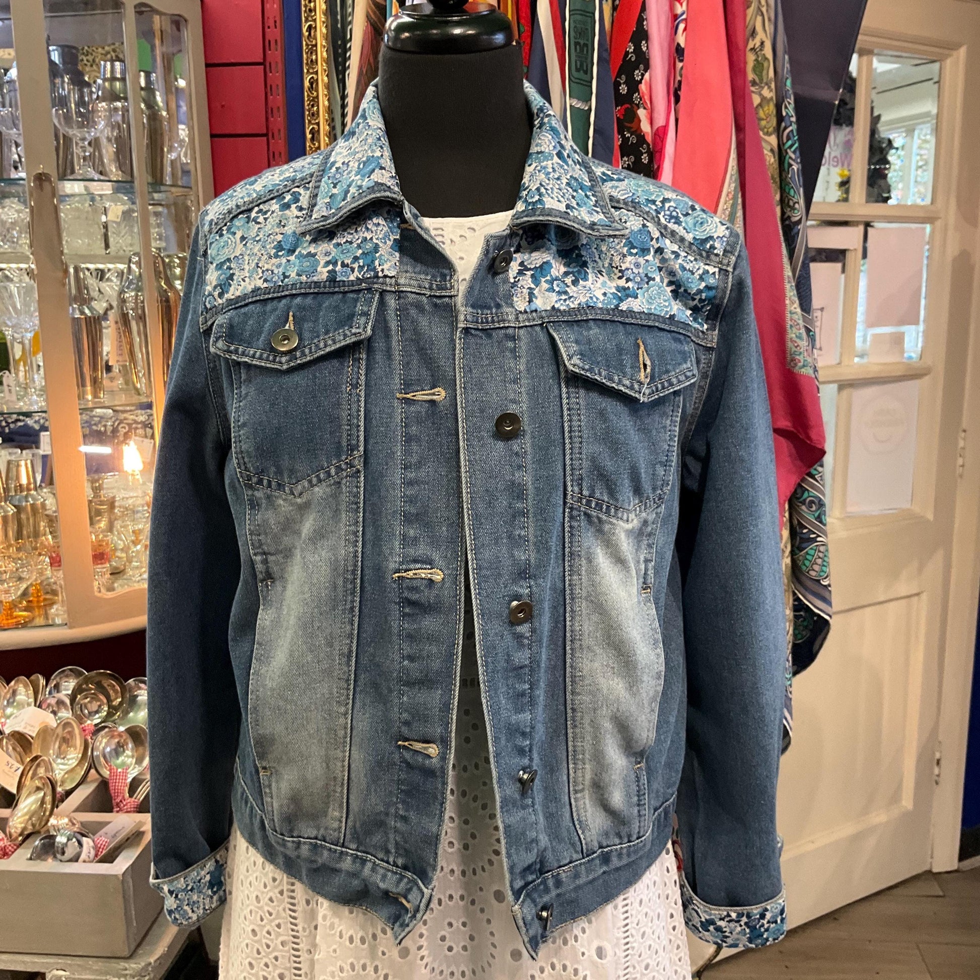 Unique Up Cycled Vintage Mid Blue Denim Jacket with Liberty ‘Elysian Day’ Floral Tana Lawn, Size UK 12/14