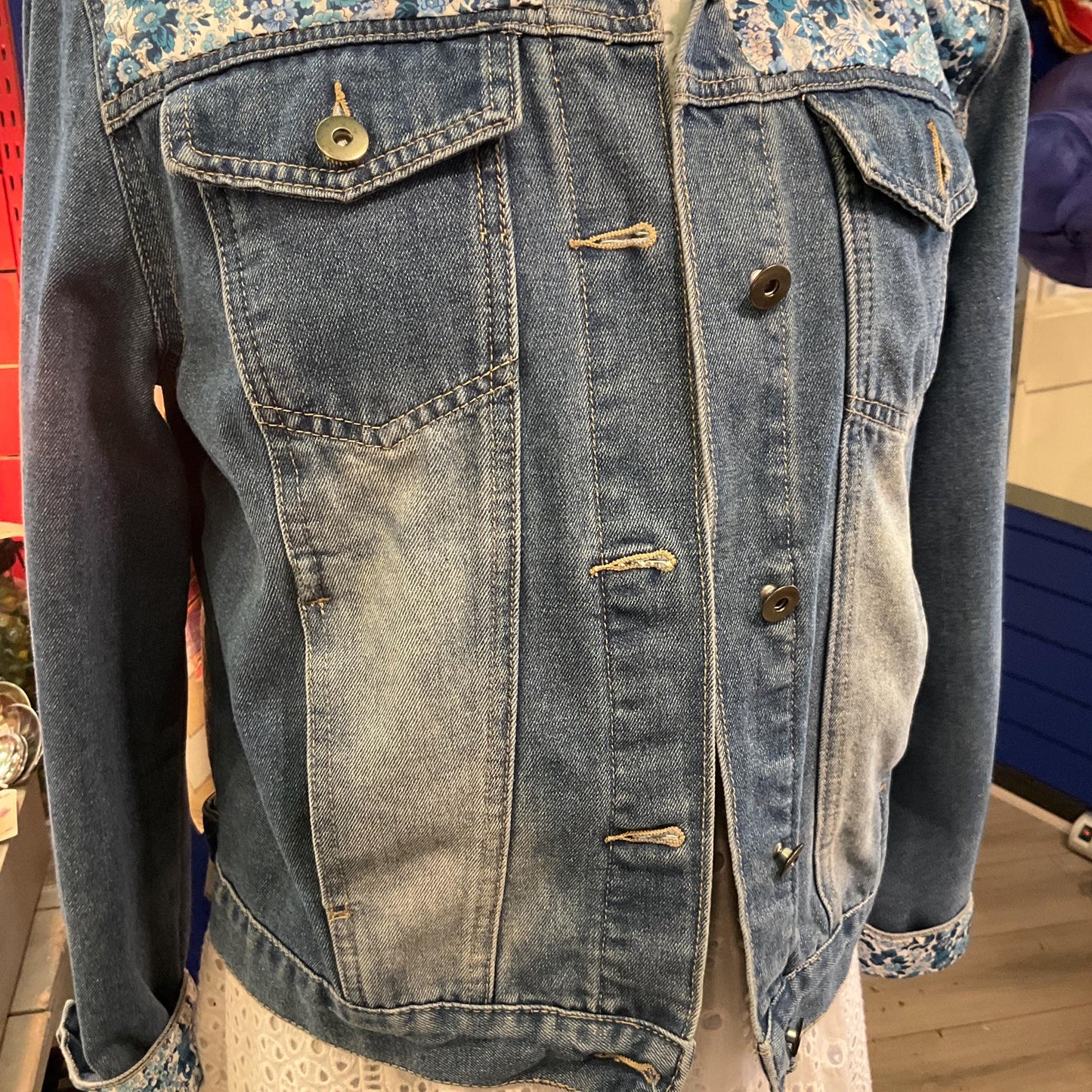 Unique Up Cycled Vintage Mid Blue Denim Jacket with Liberty ‘Elysian Day’ Floral Tana Lawn, Size UK 12/14